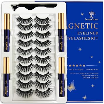 3D Magnetic Eyelashes and Eyeliner Kit - 10 Pairs Reusable Magnetic Lashes Natural Look, Upgraded Long-Lasting 4 Tube Waterproof Liner with Application - Cruelty Free,Easy