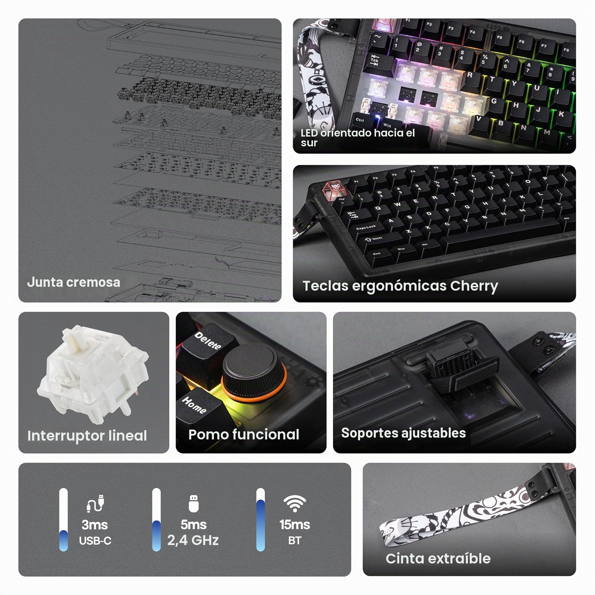 MechLands CIDOO QK75 VIA Teclado programable 75% compacto, USB-C/BT5.0/2.4Ghz inalámbrico, teclado mecánico personalizado intercambiable en caliente con junta montada, placa de PC, batería de 4000 mAh
