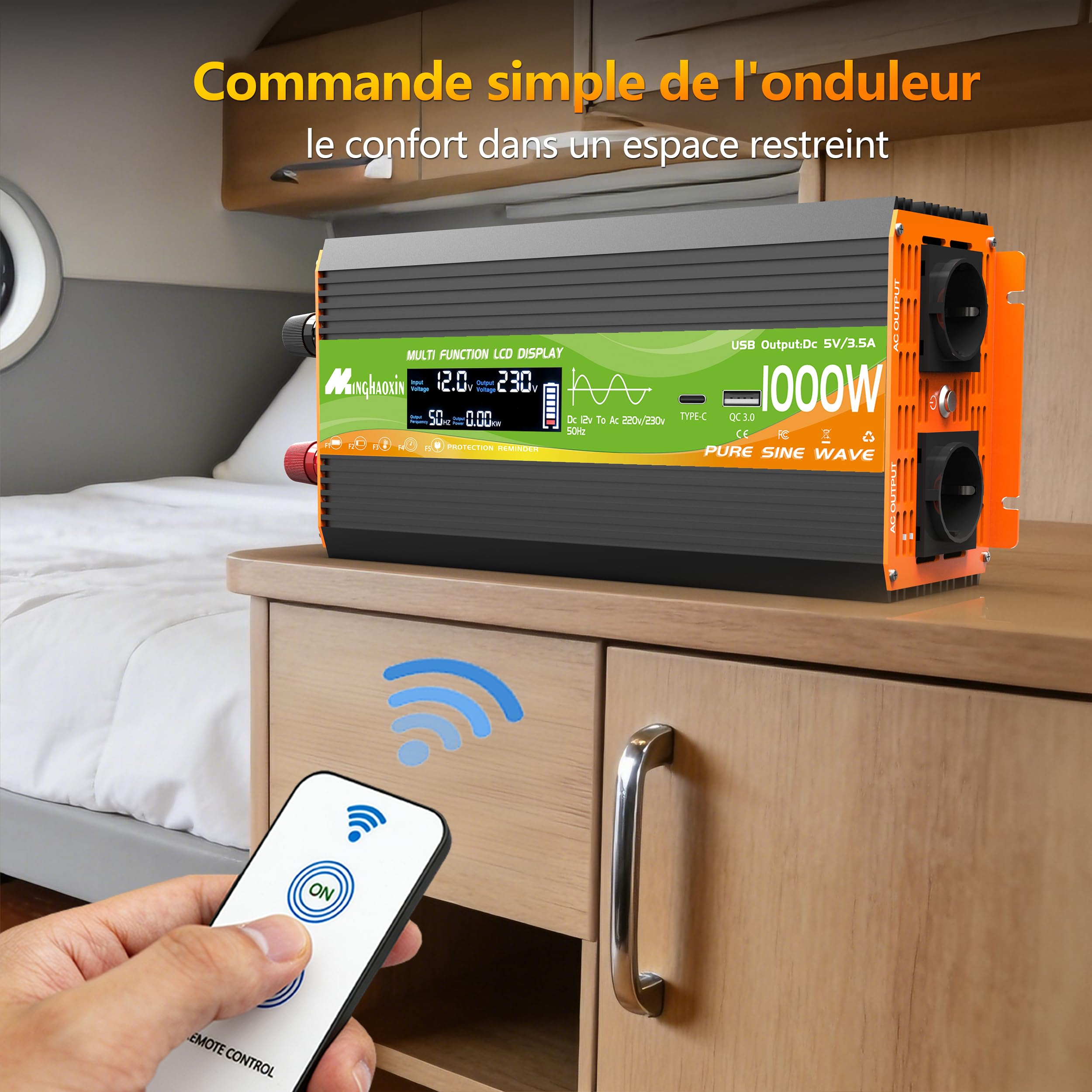 Convertisseur 1000W 12v 220v Pur Sinus Onduleur,Transformateur -2 Prise EU De Courant Alternatif,Ports USB+Type-C,Télécommande sans Fil Et écran LCD,pour énergie Cars, Coupures De Courant, Voyages