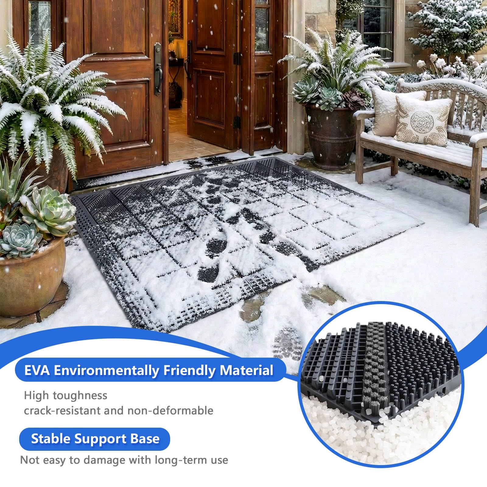 Paillasson d'entrée avec carreaux emboîtables et brosse, durable, robuste, antidérapant, intérieur/extérieur, toutes saisons, facile à nettoyer pour garage, terrasse, entrée à grande circulation