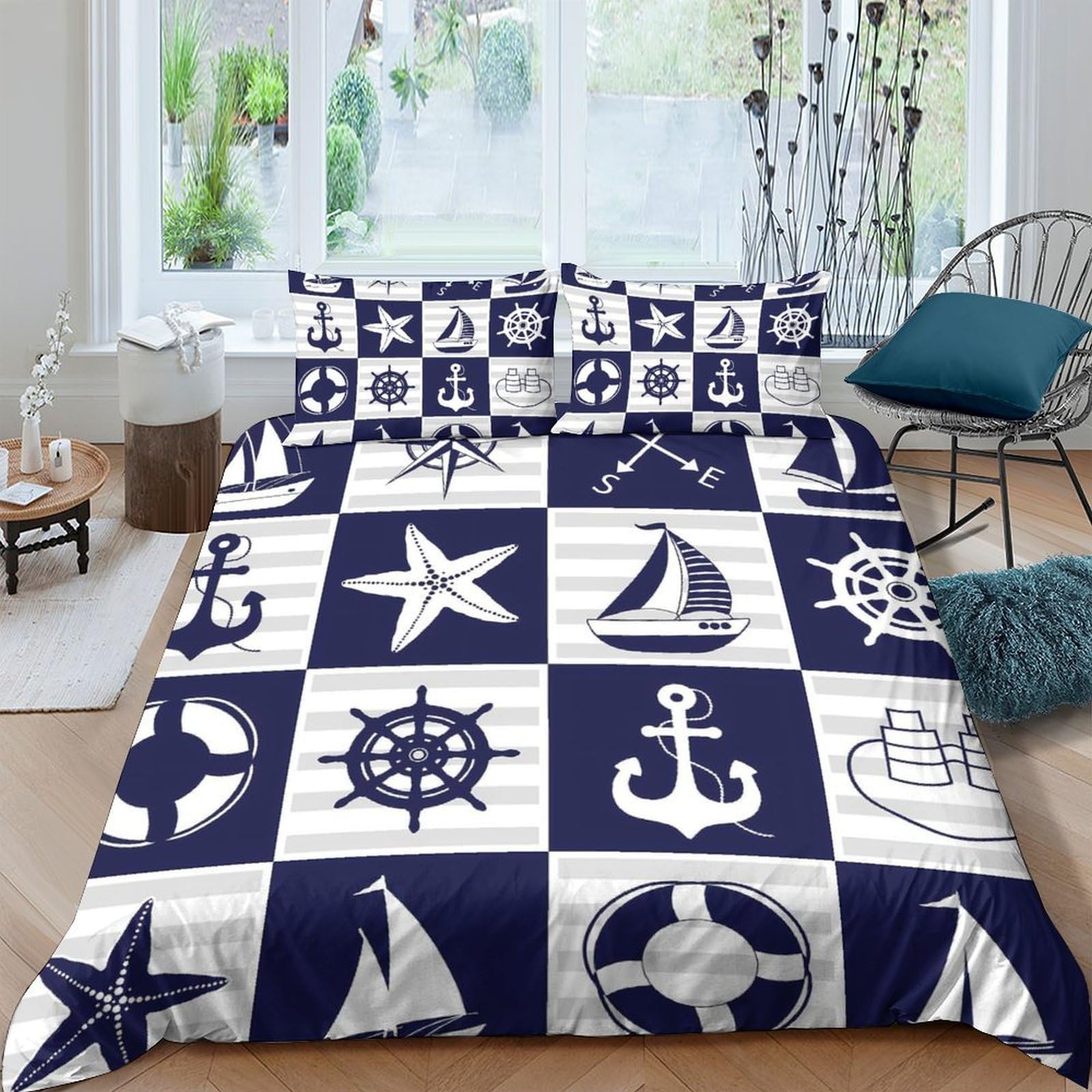 Ctjqhvkz Style-4 3D Printed Nautical Sailboat Fitted Sheet Microfiber Soft Anchor Mattress Cover For Bedroom Guest Room Decor Single（135X200cm）