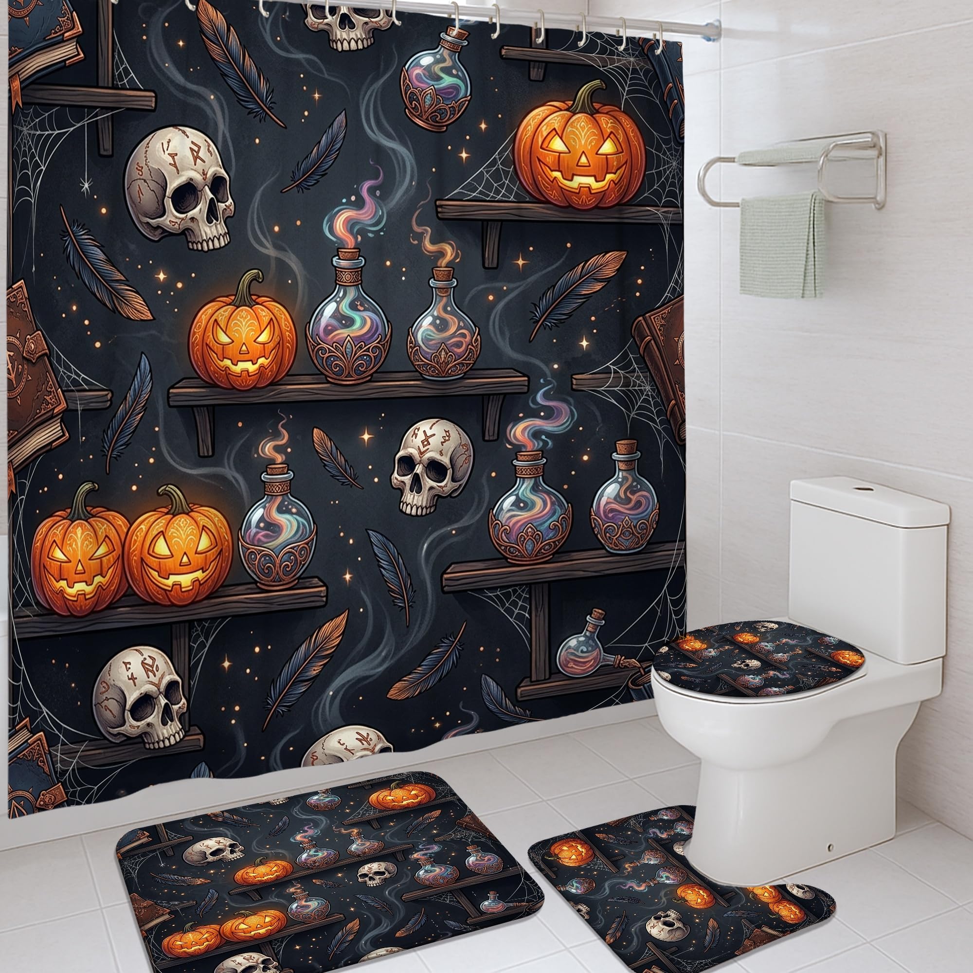 Rideau de douche haut de gamme Halloween noir en tissu imperméable avec tapis assorti