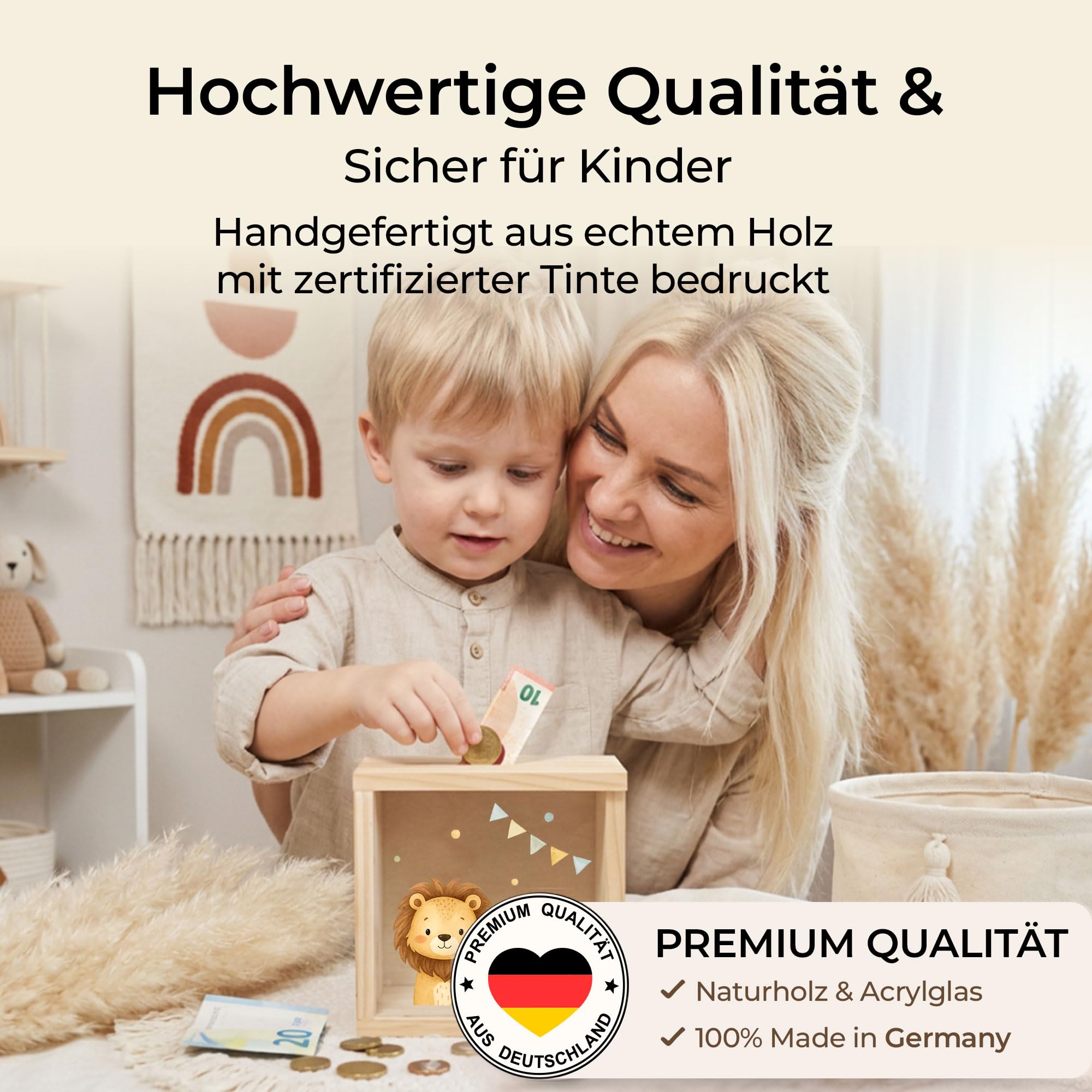 Little-Deco Spardose, Geldkassette, Sparbox, Geld sparen, Sparschwein Kinder, personalisierte Geschenke Kinder, personalisierte Spardose, Holzspardose, Taufgeschenke, Geschenk zur Geburt, 15x15cm