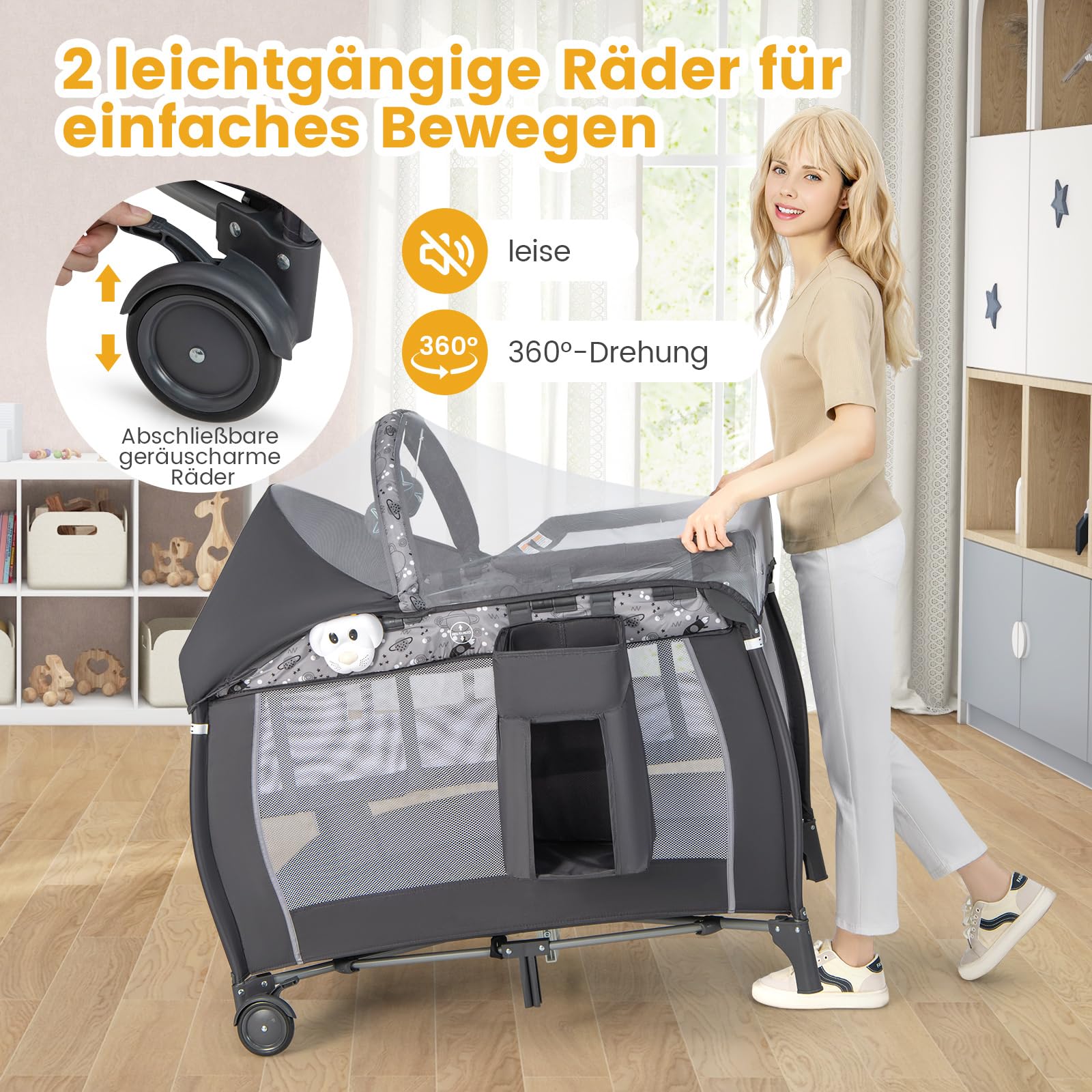 COSTWAY 4 in 1 Beistellbett, tragbares Reisebett mit faltbaren Matratze, Babybett mit Wickeltisch, Baldachin, Spielbogen & Spieluhr, Stubenwagen mit Rollen, Tragetasche für Baby bis 36 Monaten (Grau)