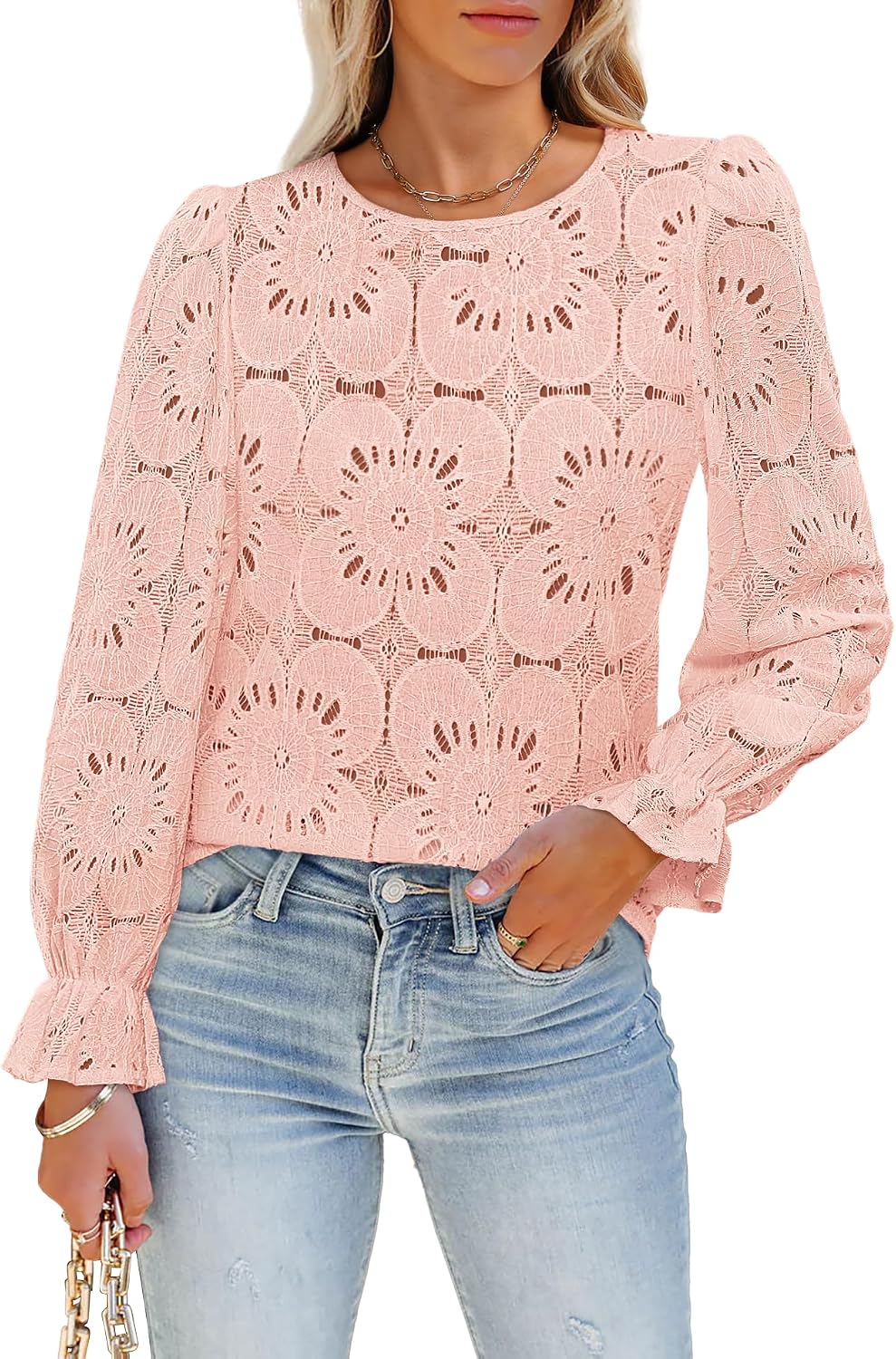LUXVEER Women's Long Sleeve Eyelet Shirts Lace Embroidered Blouses Dressy Casual 2026 Fall Fashion Tops