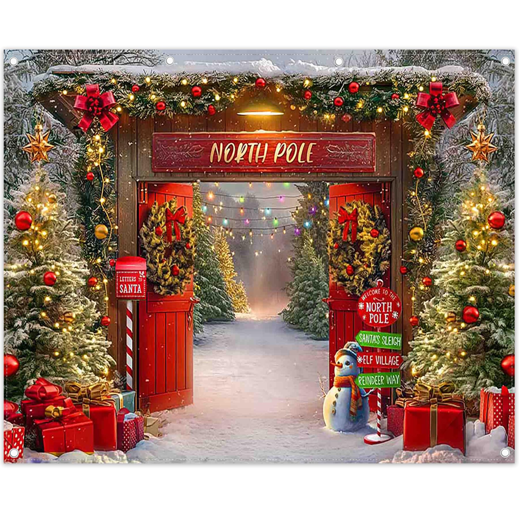 YCUCUEI 10x8ft Fabric Christmas Backdrop Winter Forest Wooden Barn Door North Pole Snowy Xmas Tree Photography Background Family Holiday Party Decor