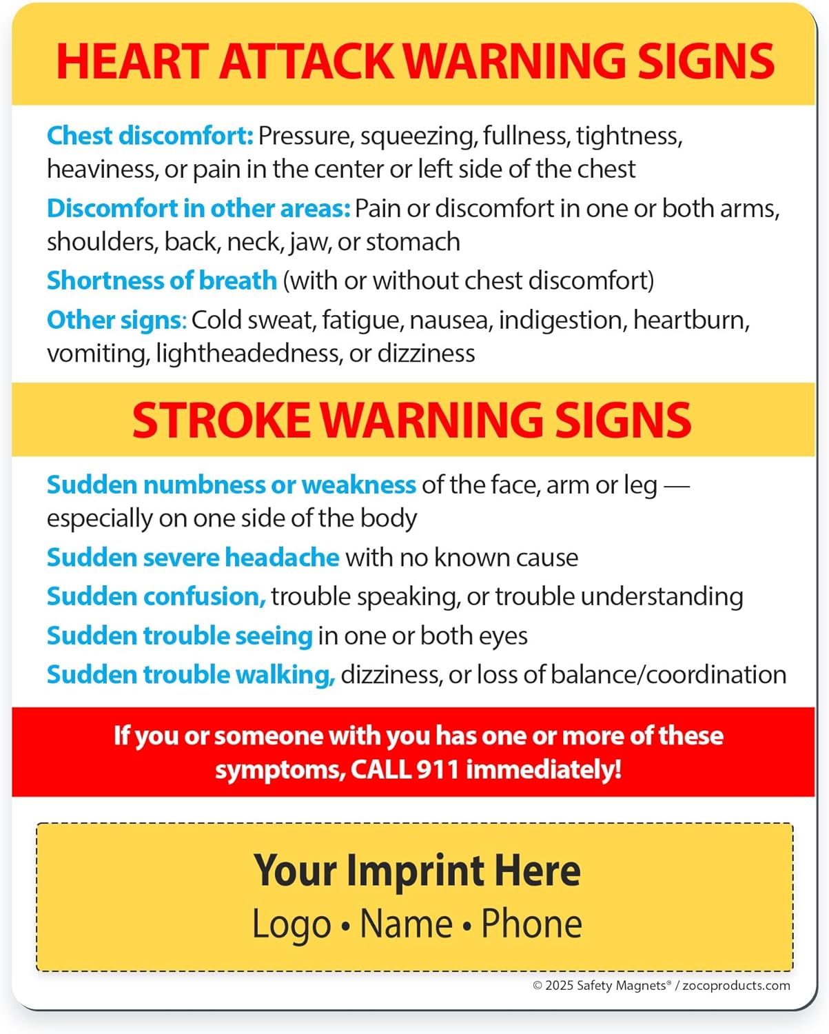 Safety Magnets by ZOCO – 100-Pack Heart Attack & Stroke Warning Signs Custom Fridge Magnet – Personalized Health Awareness Handout for Healthcare & Businesses – 4" x 5"