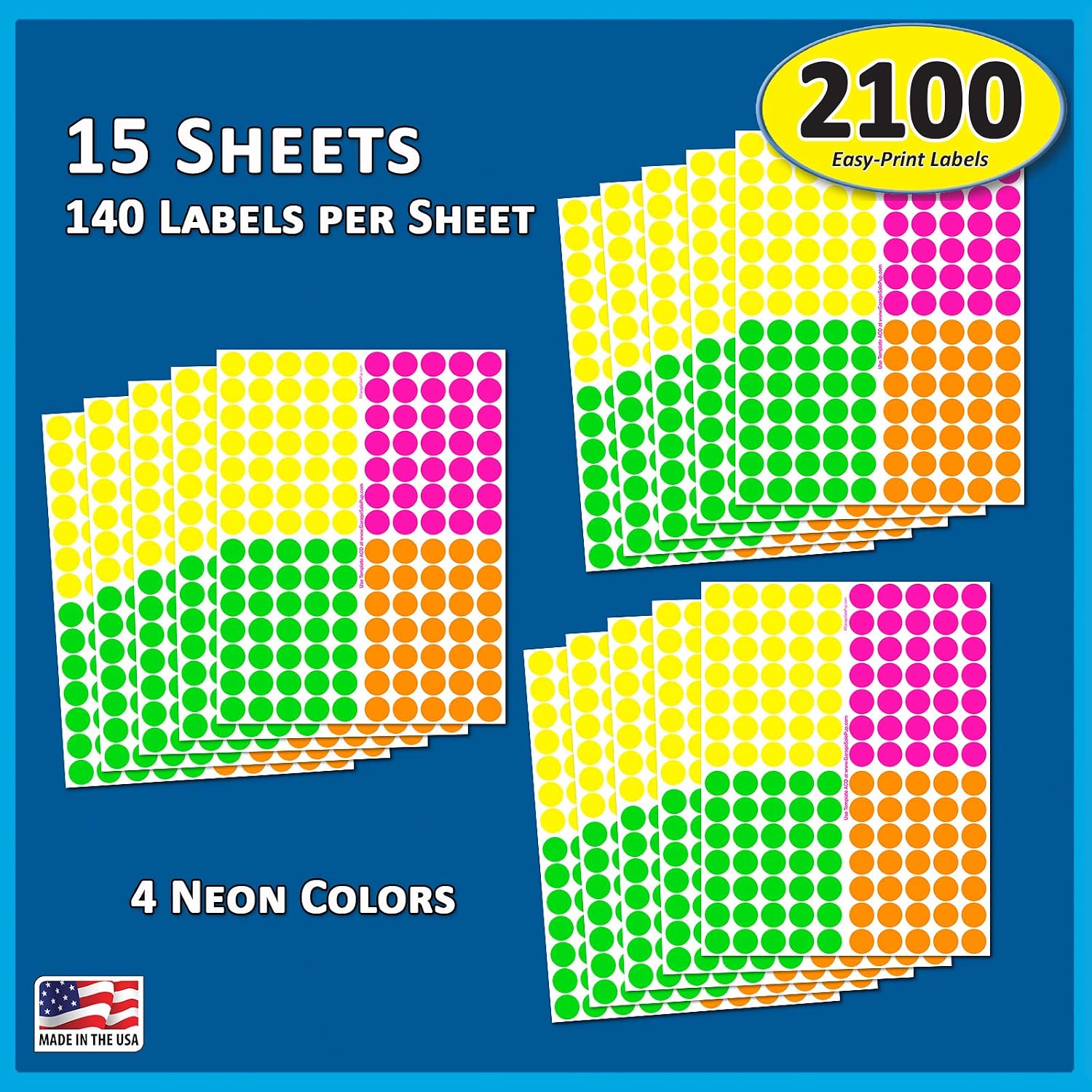 Pack of 2100 3/4" Round Color Coding Circle Dot Labels, Bright Neon Multicolored: Yellow, Pink, Green, Orange, 8 1/2" x 11" Sheet, Fits Any Printer…