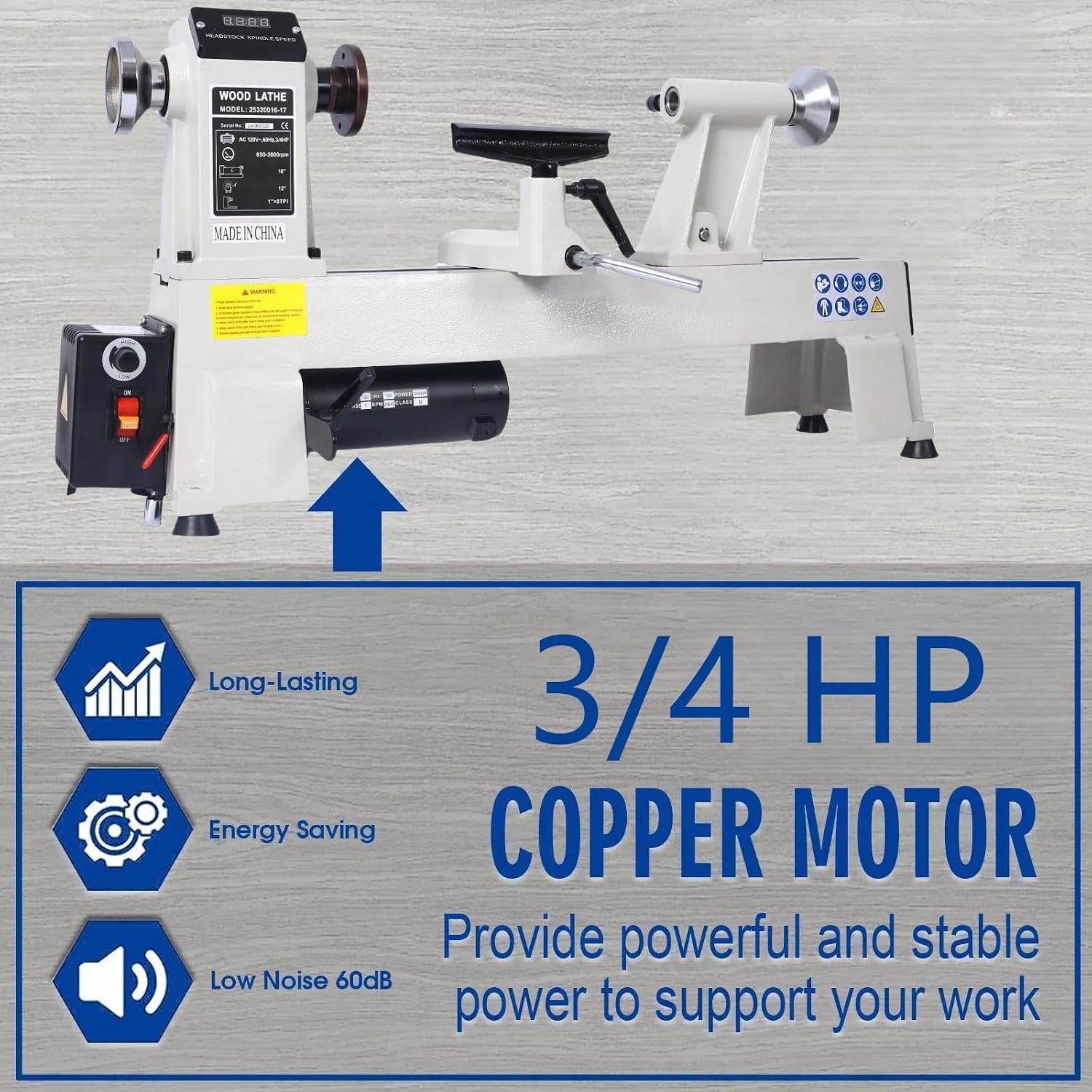 Wood Lathe,Benchtop Wood Lathe Machine,3/4 HP Infinitely Variable Speed 650-3800 RPM for Woodworking, Woodturning (12" x 18")