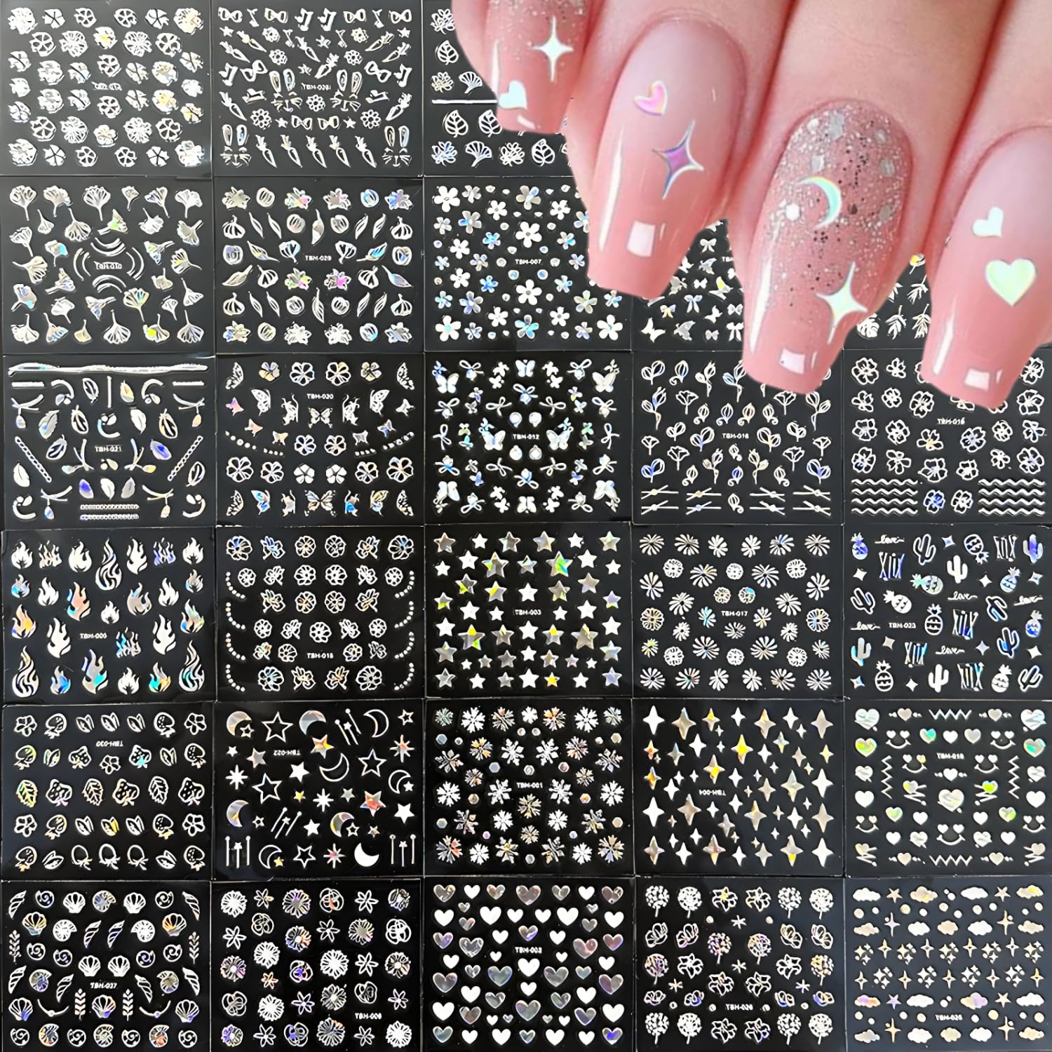 30 Sheets Aurora Nail Stickers - 3D Self Adhesive Heart Star & Flower Nail Decals - Women's Accessories