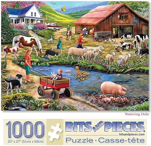Bits and Pieces Rompecabezas de 1000 piezas para adultos Agujero de riego Animales de granja, rompecabezas de granero por la artista Mary