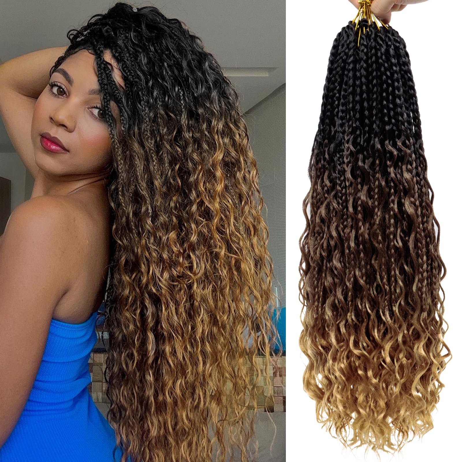 Goddess Box Braids Crochet Hair 18 Inch 7 Packs Boho Crochet Braids for Women Pre Looped Crochet Box Braids with Curly Ends (18 Inch, T1B/30/27#)