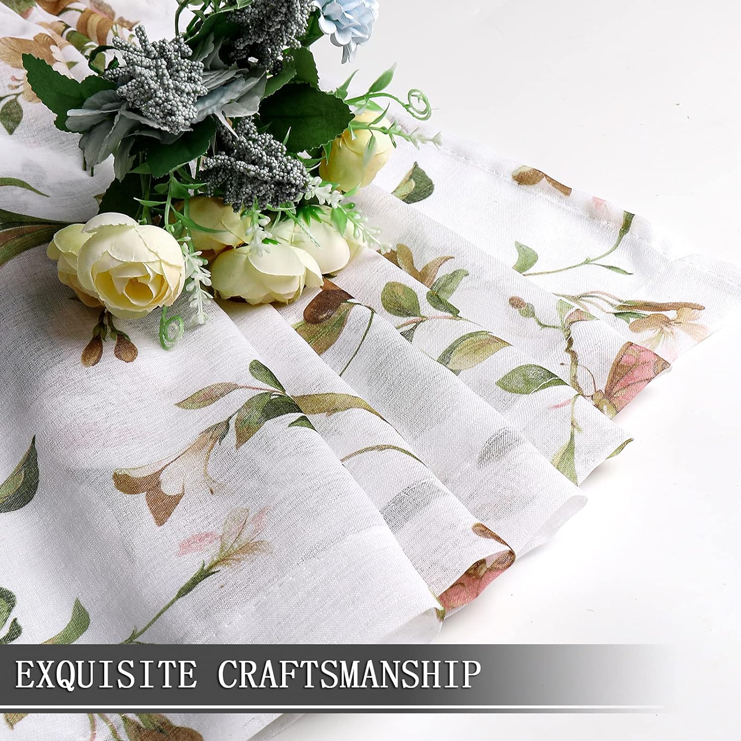 Tollpiz Floral Sheer Curtain Taupe Cherry Flower Butterfly Print Living Room Curtains Rod Pocket Voile Linen Look White Sheer Curtain for Bedroom, 54 x 84 inches Long, Set of 2 Panels