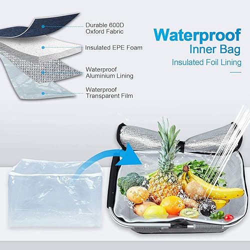 Miniatura 4 de LIQING - Cesta de picnic grande de 35 L, bolsas de compras para viajes, camping, 2 capas de bolsillos internos a prueba de fugas y aislamiento