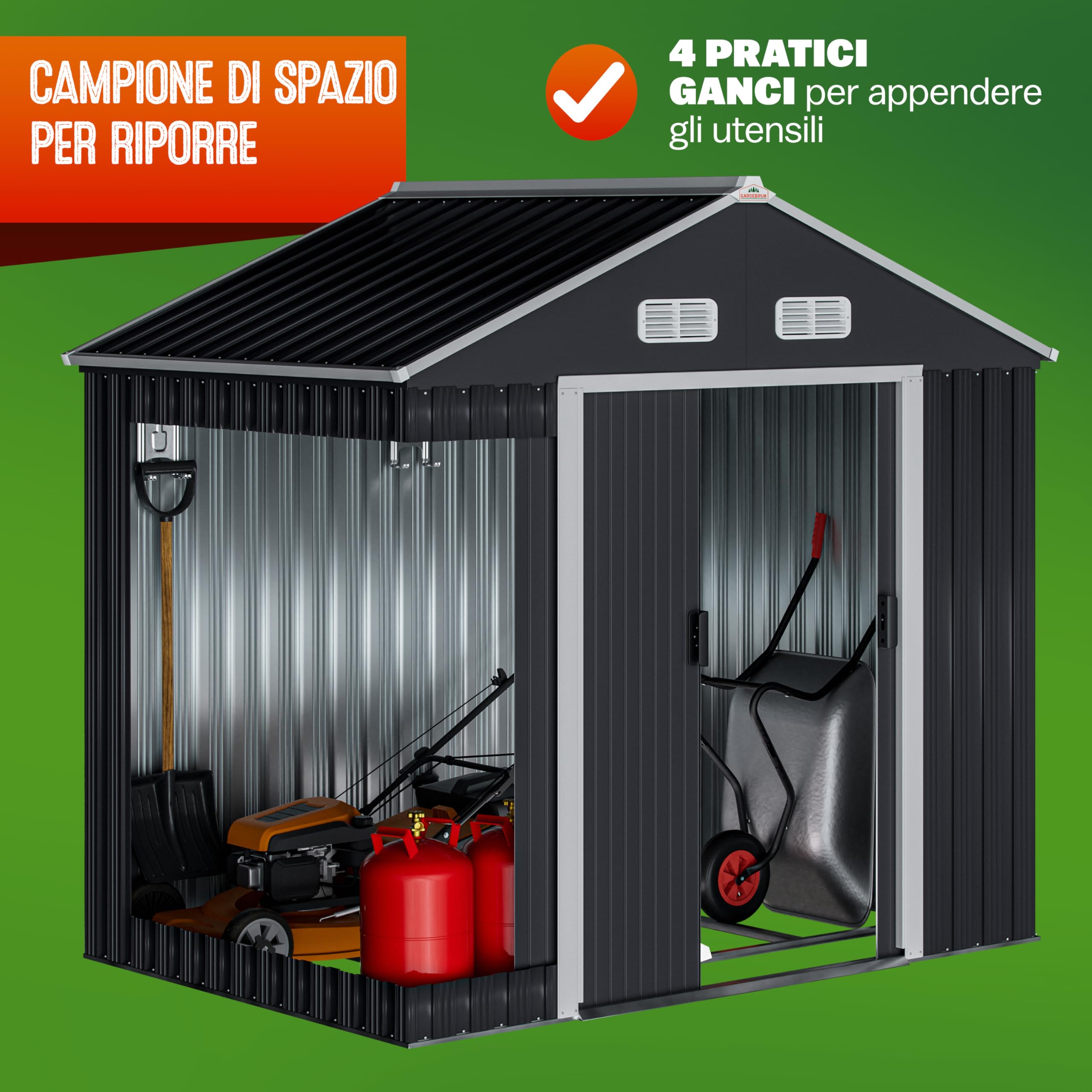 Gardebruk® Casetta per Attrezzi da Giardino XL in Metallo 2m² con Base 196x132x188cm Porta Scorrevole Capanno Antracite con Tetto Capannone da Esterno 4m³