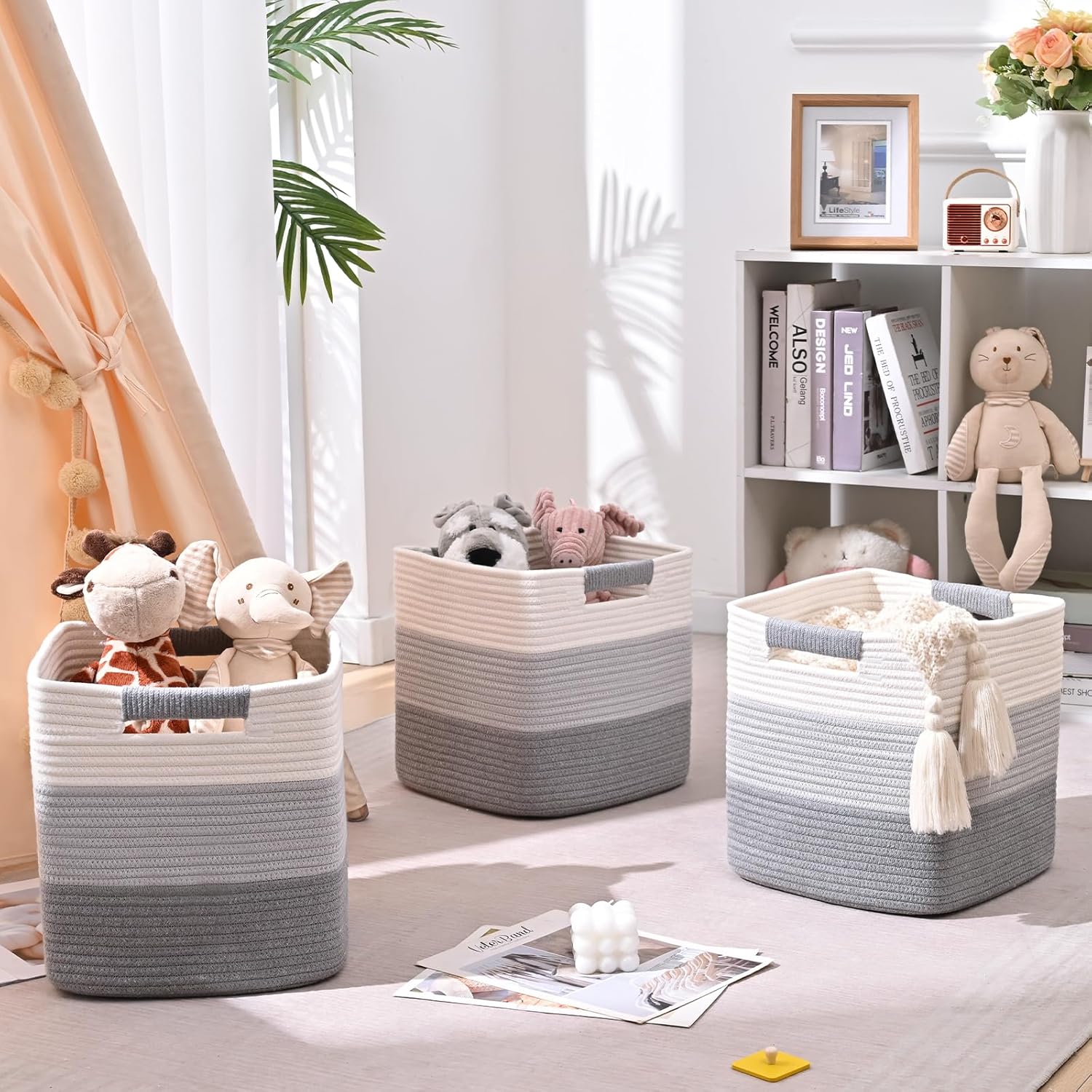 11 Inch Storage Cubes, 6 Pack Cube Storage Bins for Organizing, Cotton Rope Woven Baskets for Shelves, Bathroom, Kids Room, Closets, Baby Nursery