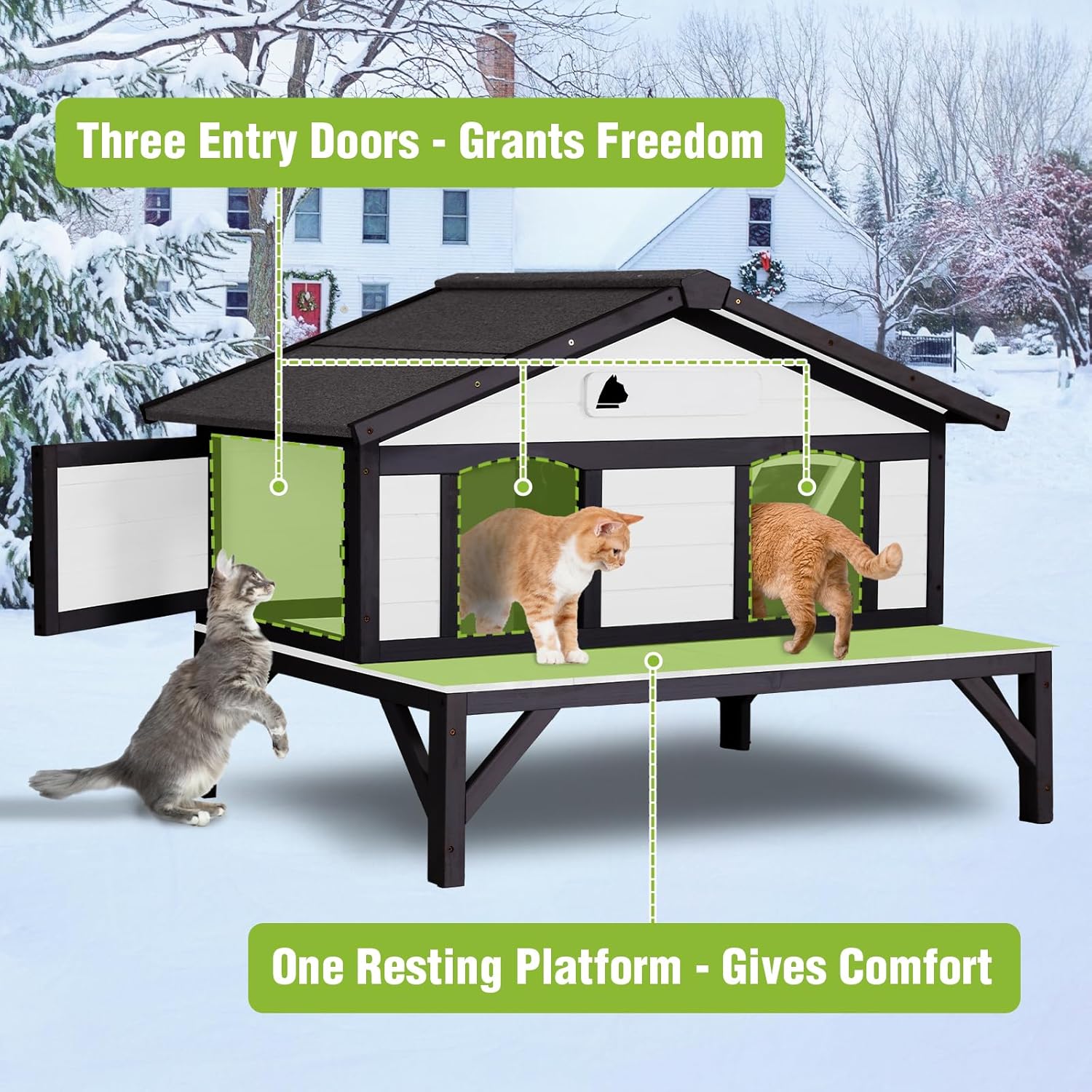 GUTINNEEN Heated Cat House for Outside, Outdoor Cat House Weatherproof Insulated Feral Cat Shelter with Anti-Chewing Electric Heating Pad, Elevated Base & DIY Nameplate, 43.5" L(Black and White)