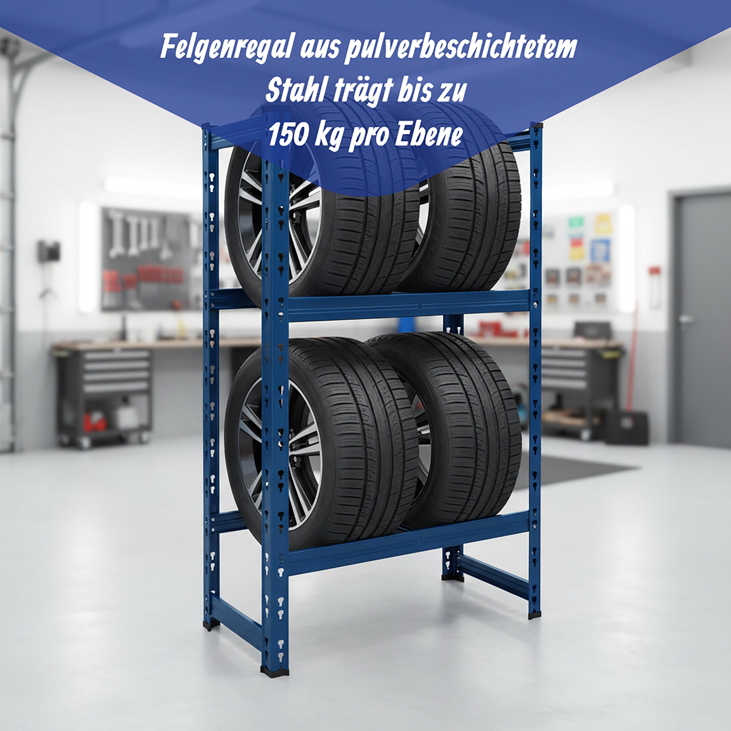 Relaxdays Reifenregal für 4 Reifen, HxBxT: 100 x 60 x 35 cm, 150 kg je Ebene, Räderregal, Stecksystem, Stahl, blau