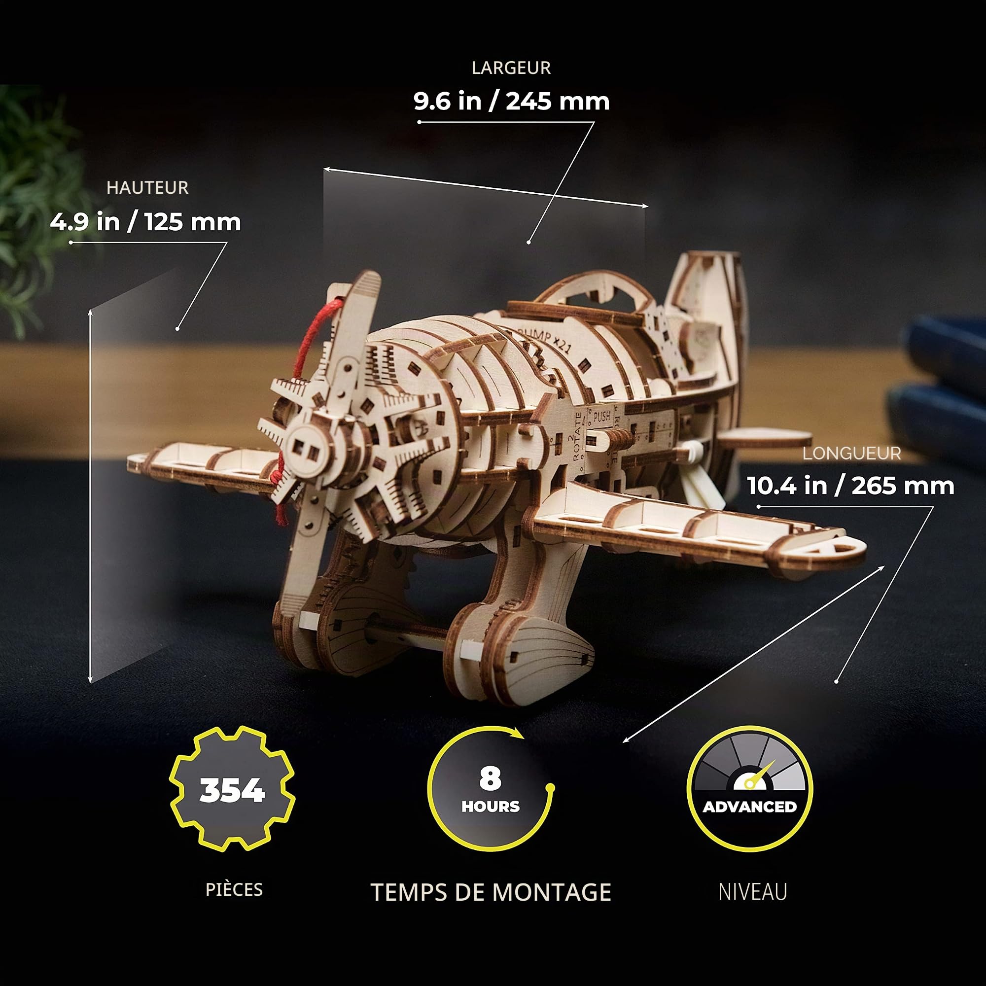 UGEARS Kit de construction en bois puissant - Avion frelons fous - Course des années 1930 - Puzzle 3D - Puzzle 3D en bois pour adultes - Avion rétro DIY avec moteur à ressort hélicoïdal