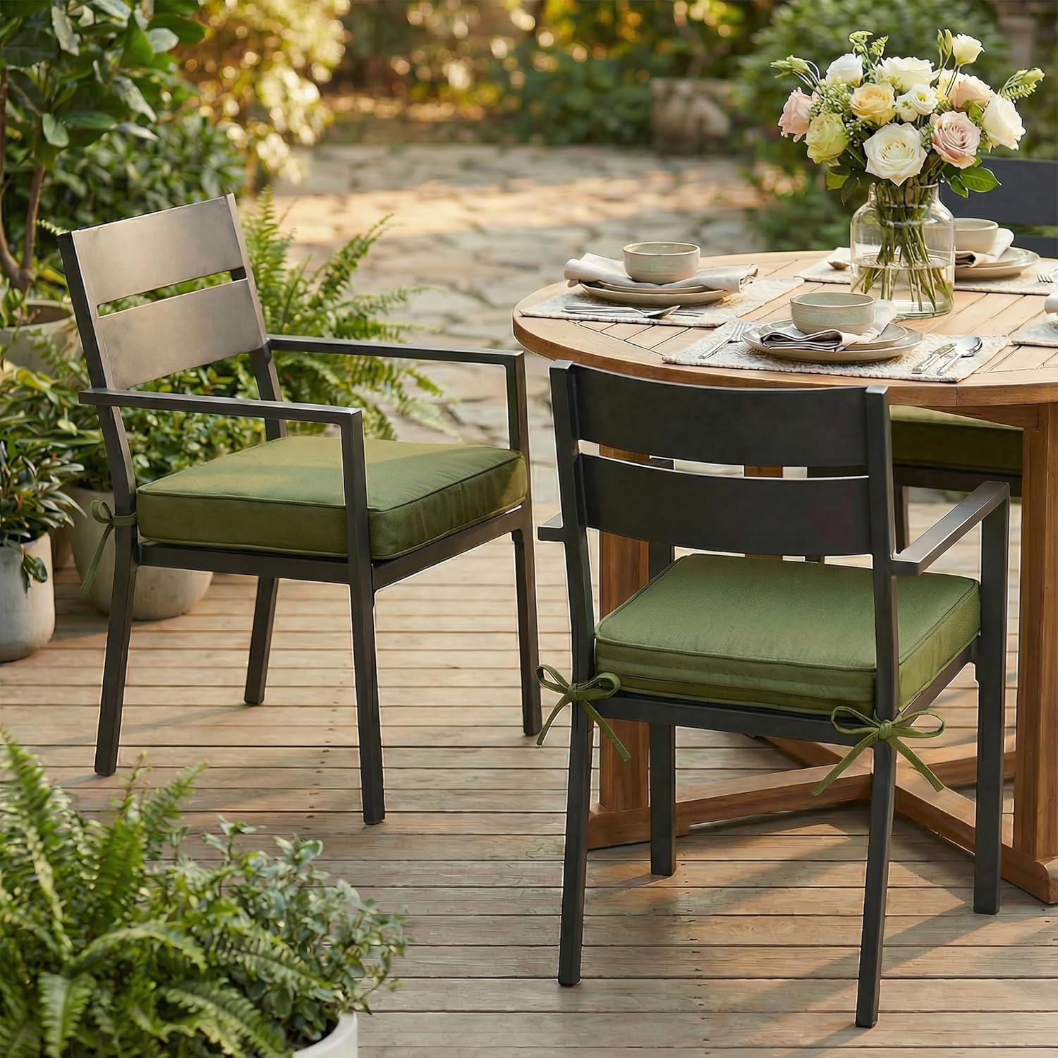 Outdoor Chair Cushion 18x18x3, Waterproof Patio Seat Cushion with Ties, Square Foam Padded Replacement Cushion for Garden, Dining, Porch Furniture - Navy Blue (Olive Green)