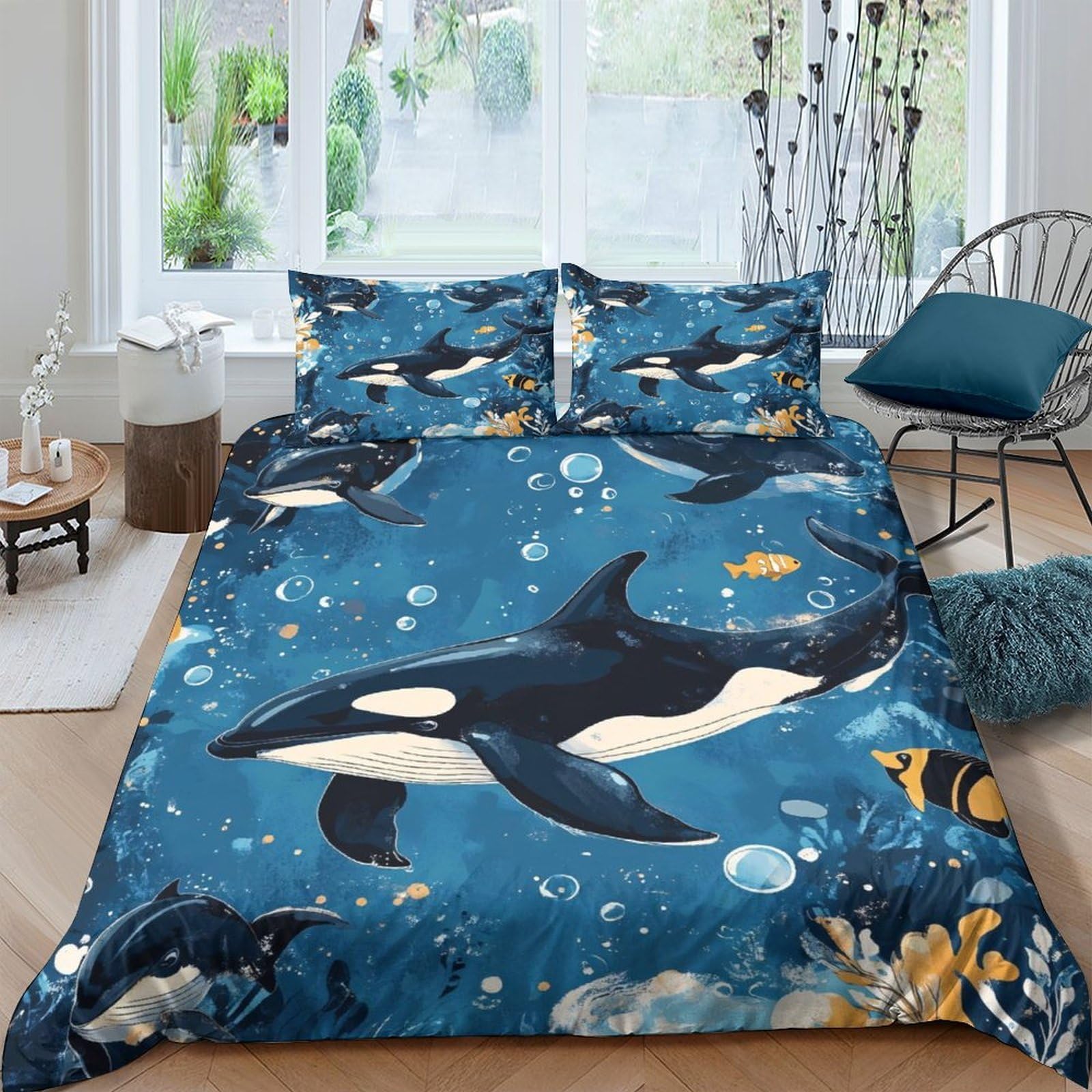 Ctjqhvkz Style-1 3D Printed Ocean Orca Fitted Sheet Microfiber Soft Blue Sea Life Bed Cover For Bedroom Dorm Decor Mattress Protection Single（135X200cm）
