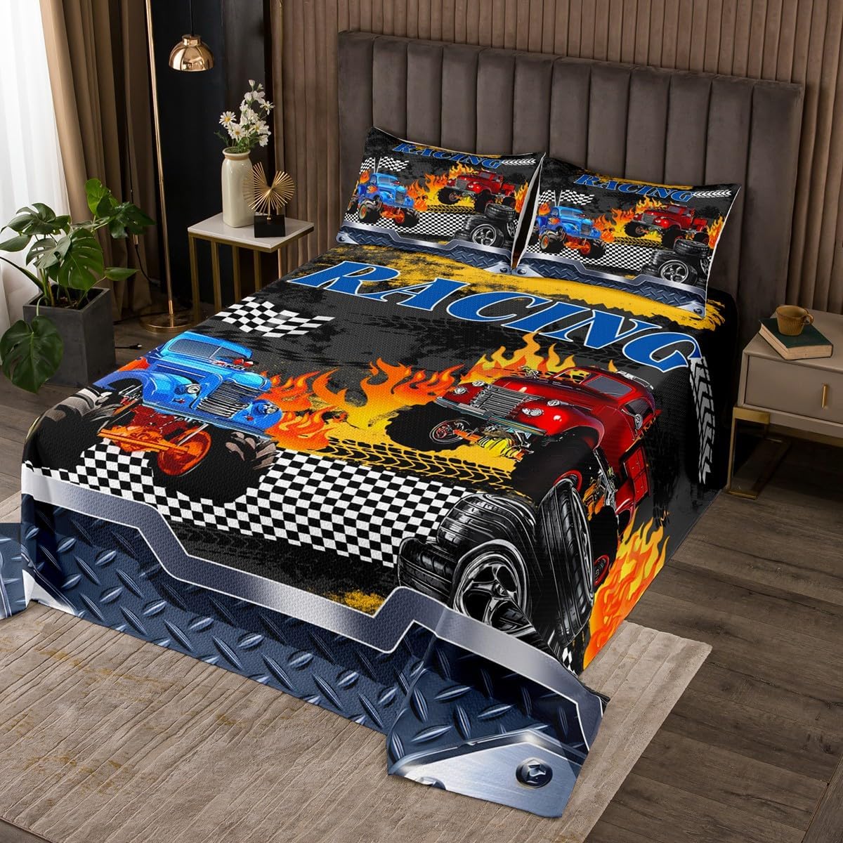 Erosebridal Cartoon Truck Coverlet Set King Size Cool Racing Car Bedding Set for Kids Girls Boys Black and White Checkered Quilted Coverlet Grey Race Tire Tracks Oil Painting Extreme Sports Quilted
