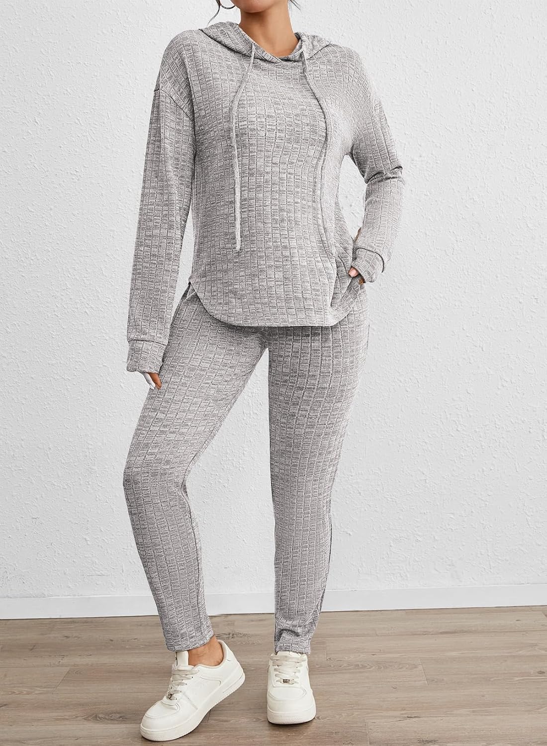 Fixmatti Women Pullover Hoodie Sweat Set Long Sleeve Ribbed Sweatsuit Tracksuits with Pocket - Image 2