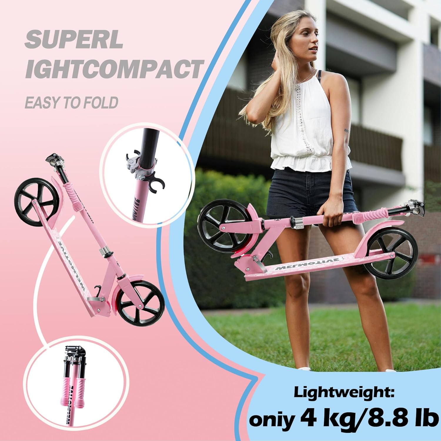 Kick Scooter for Kids Ages 6+, Teens & Adults, Adjustable Handlebars, Rear Brake, Big Wheel Foldable Scooter for Indoor & Outdoor - Image 3