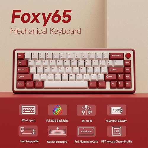 Miniatura 5 de Chilkey Foxy65 Teclado mecánico con perilla, montaje en junta, teclado mecánico inalámbrico de aluminio 65%, BT5.02.4GHzUSB-C, intercambiable en
