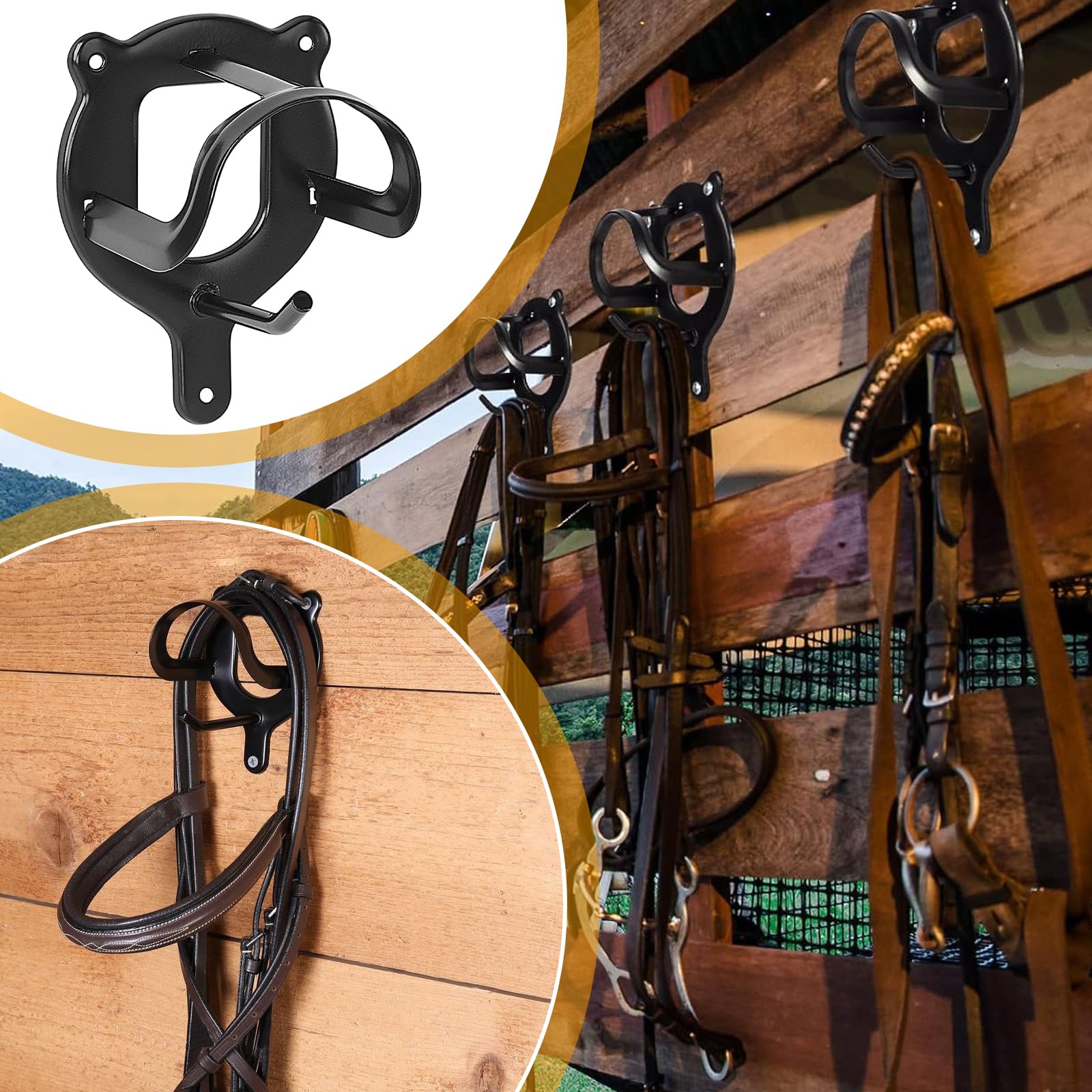 PORFOYO Soporte para bridas de caballos, 6 unidades, para caballo, brida ecuestre, con tubos y tornillo, brida de soporte, soporte de metal para cámara de sillín, granero, establo (negro)