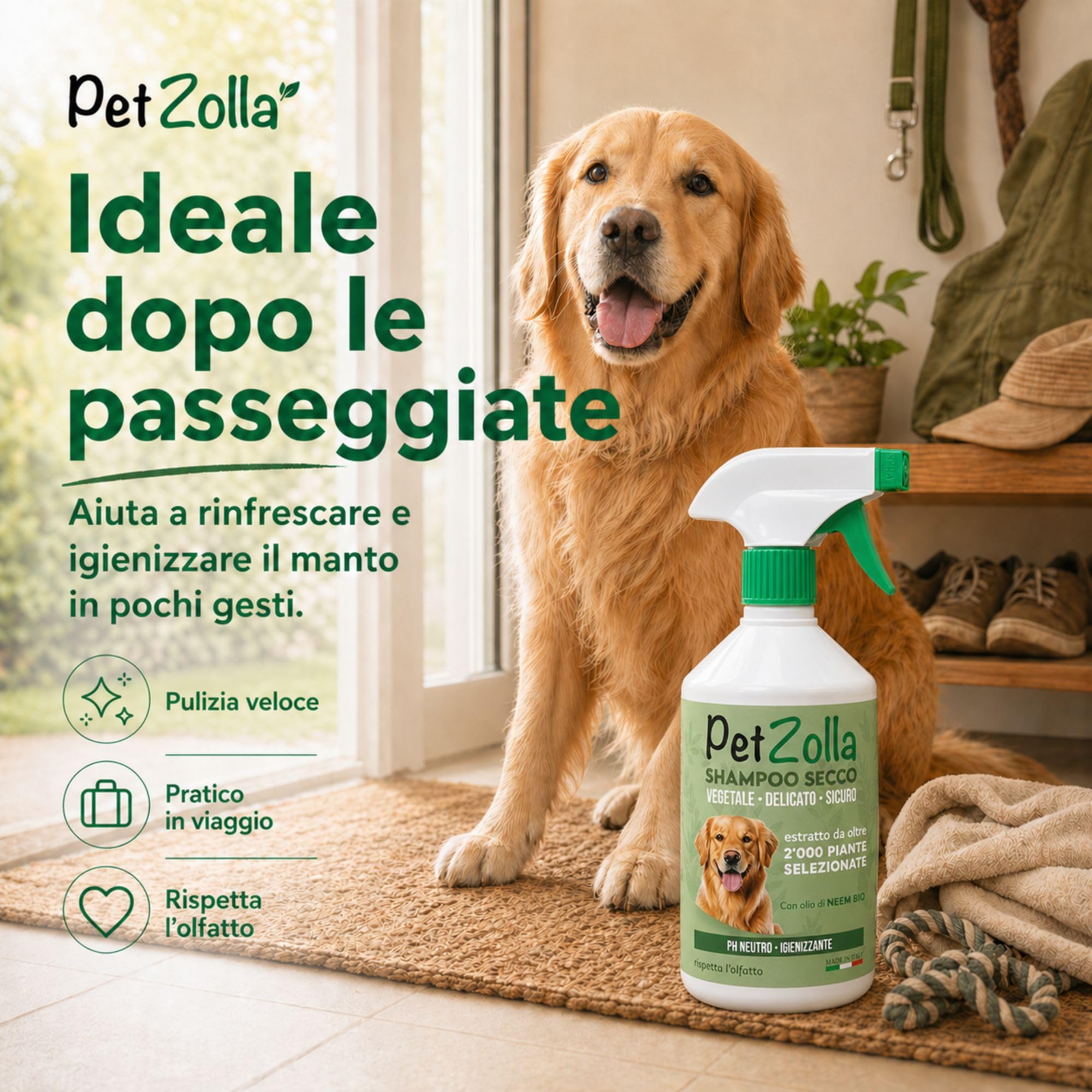 Shampoo secco per cani senza risciacquo 750 ml Idrata e igienizza, Shampoo a secco per cani naturale con olio di neem, argan e timo, sicuro anche per cuccioli - Made in Italy