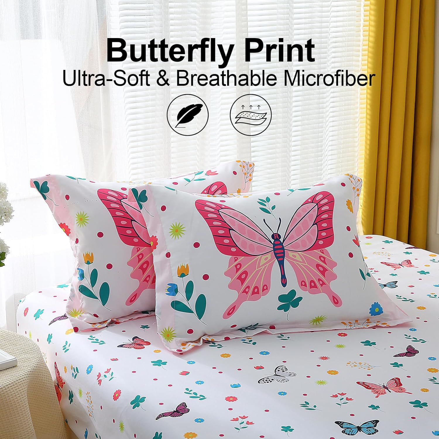Girls Butterfly Comforter Set Full Size 7 Piece Bed in A Bag Colorful Flowers Leaves Bedding Set for Kids Teens Super Soft All Season - Image 3