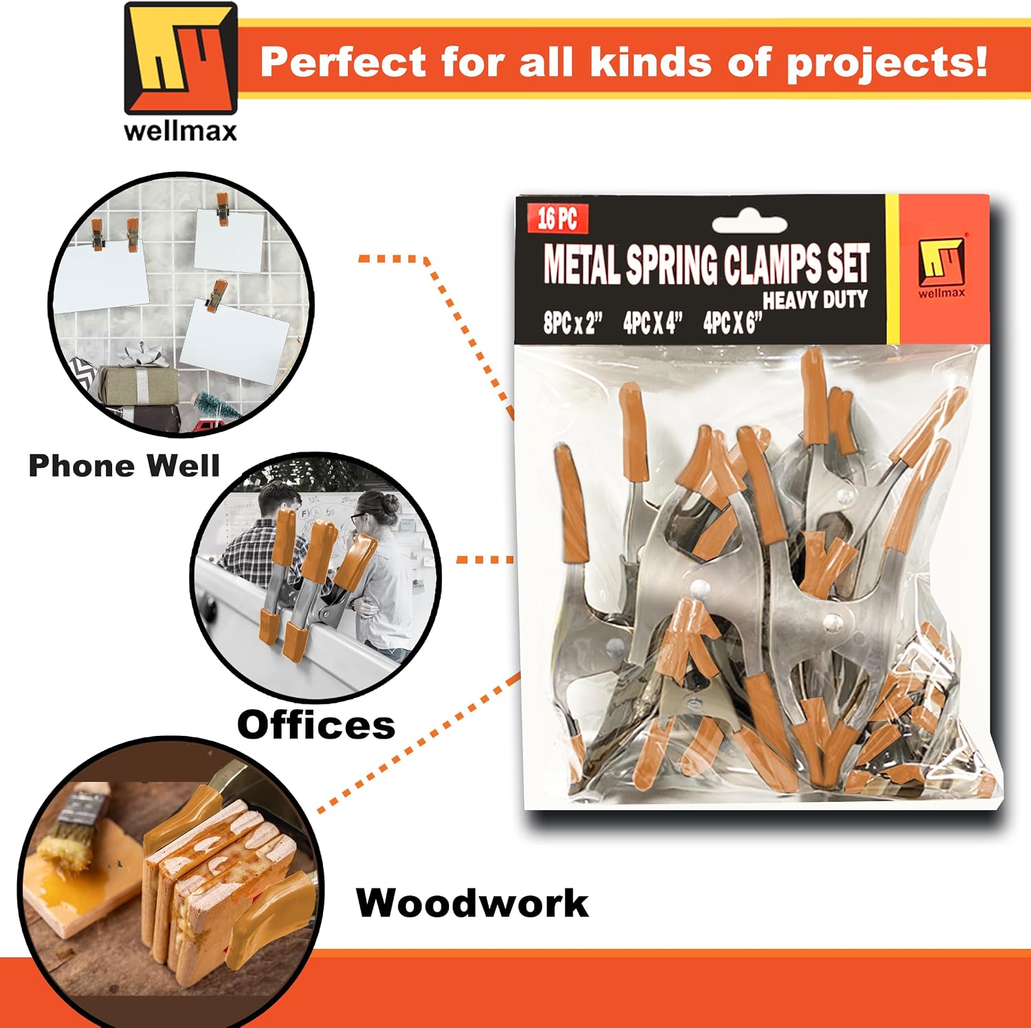 Wellmax 16-Piece Spring Clamp Assortment - 2", 4", 6" Heavy Duty Nickel-Plated Clamps for Woodworking, Framing, DIY