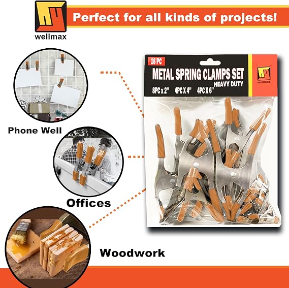 Wellmax 16 Pcs Spring Clamp Assortment, 2 4 6 in, Heavy Duty