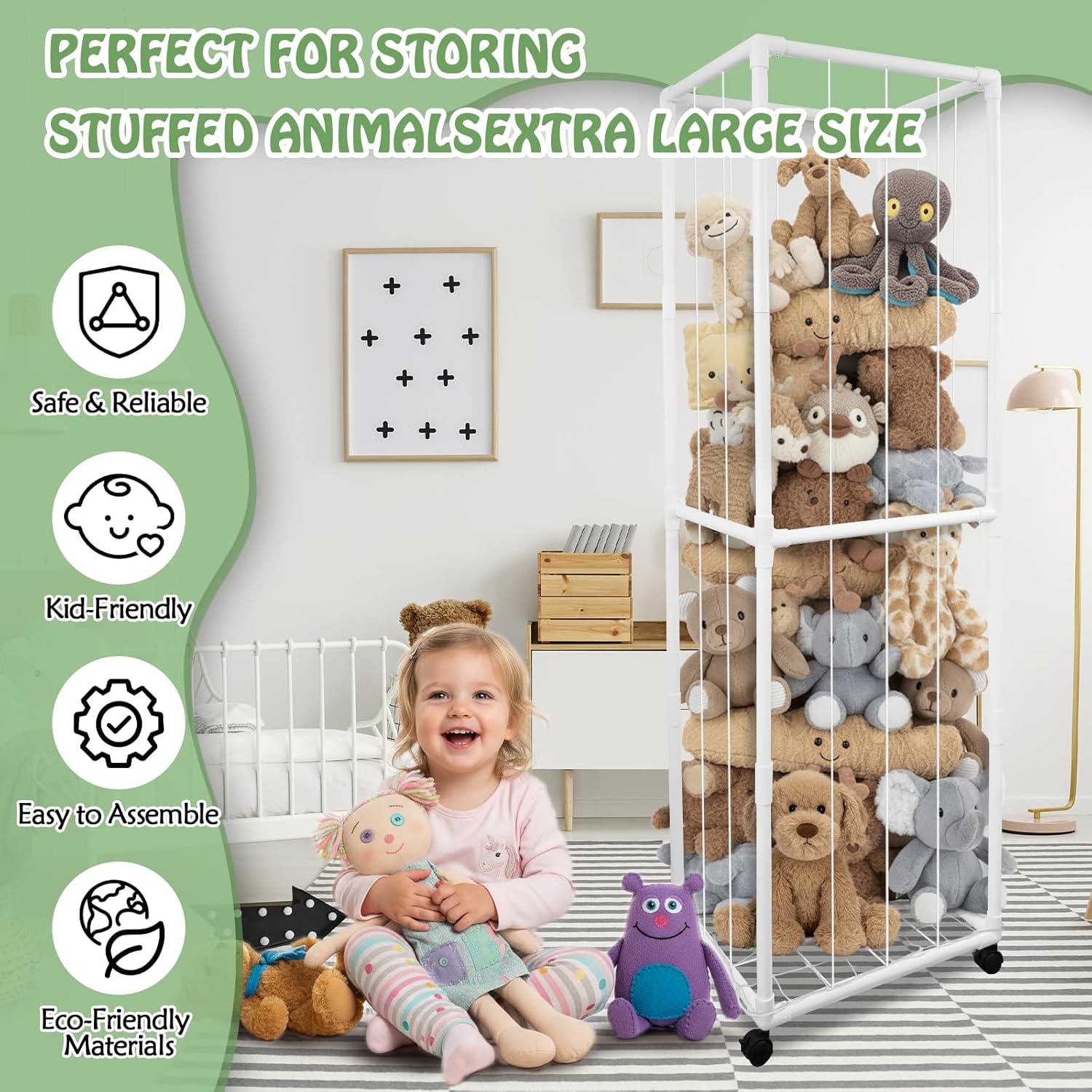 Stuffed Animal Storage Zoo with Wheels, 65" Tall Large Stuff Animals Plushies Holder Toy Organizer Kids Plush Storage Cage PVC with Elastic Band and Net for Nursery Playroom Corner for Toddler - Image 5