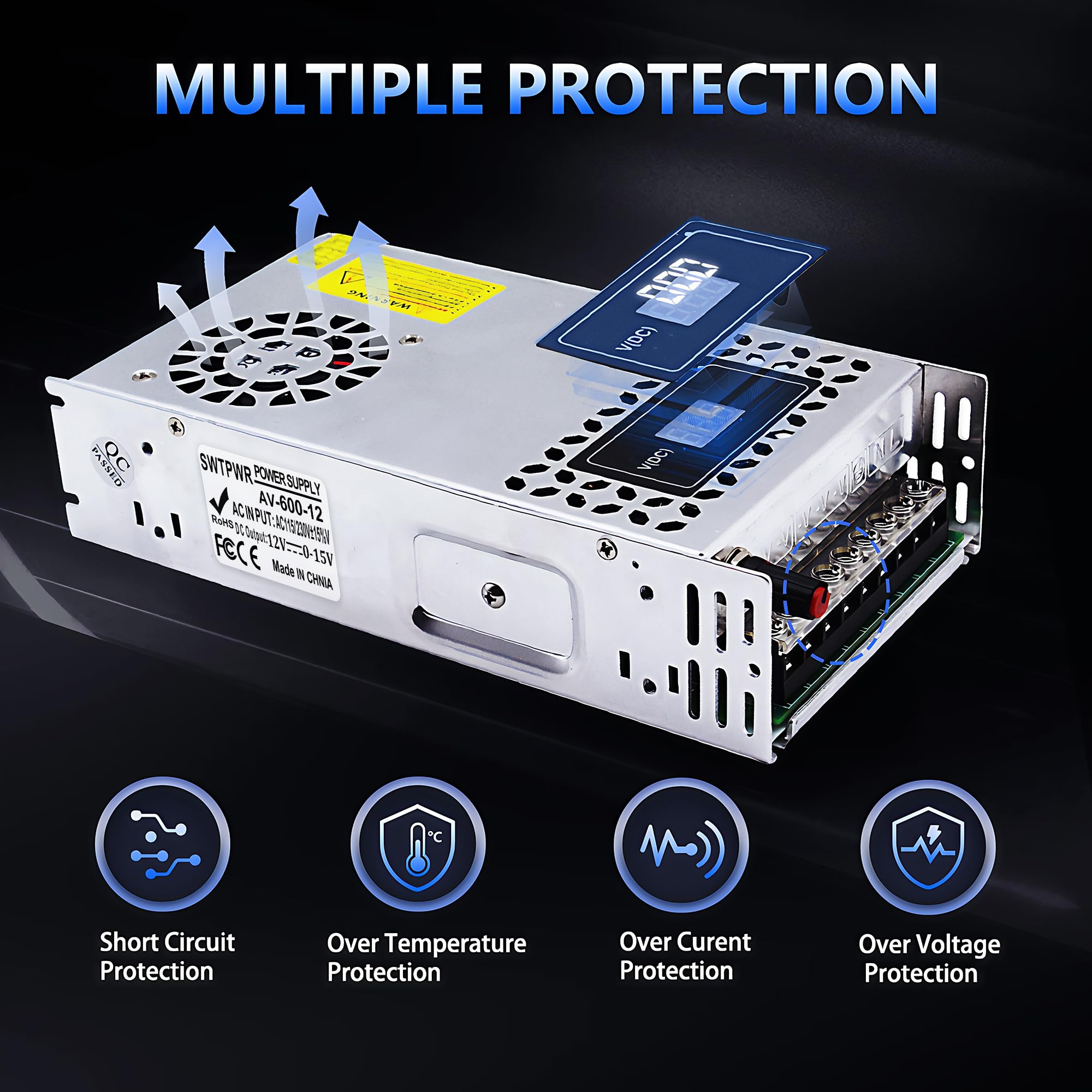 Fuente de alimentación variable DC 0-15V 600W con visualización LED Fuente de alimentación de 12V Convertidor de CA a CC ajustable de 110V a 12V diseñado para equipos electrónicos estéreo de