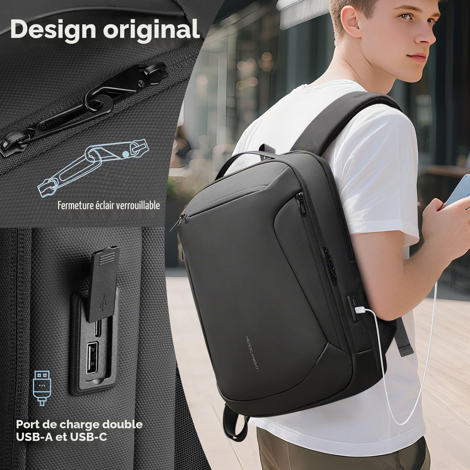 hk Sac à Dos Ordinateur Portable 15,6 Pouces Imperméable Sac à Dos Business | Fermeture Verrouillable Antivol Léger Sac à Dos Travail avec Double Port USB-A & USB-C pour Affaires Voyage et Université 25L