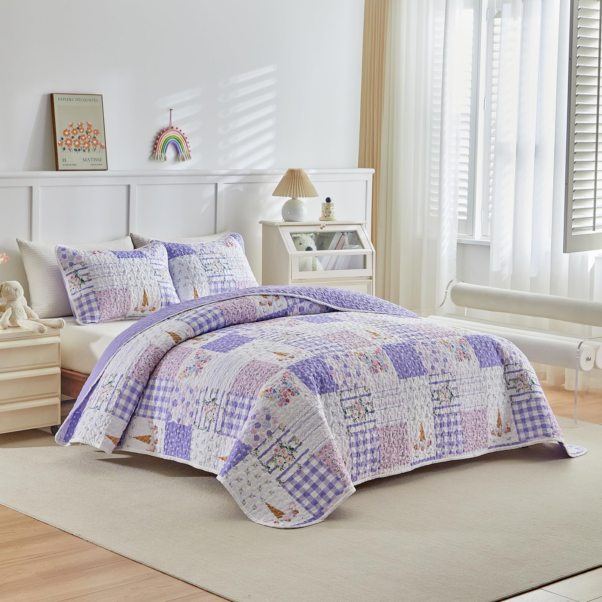 Joyreap Twin Size Quilt Set for Girls, Purple Butterflies n Flowers Patchwork Design, 2 Pieces Soft n Cozy Microfiber Quilt, Bedspread Bed Cover for All Season- 68x88 inches