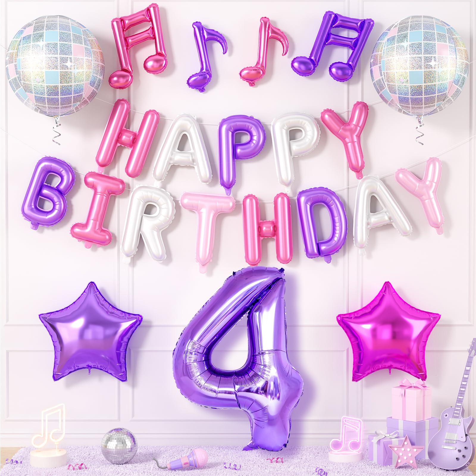 4th Pink Purple Birthday Decorations for Girls, Happy Birthday Balloon Banner Number 4 Balloon Music Note Disco Ball Star Balloons for Music Theme Birthday Party Decorations