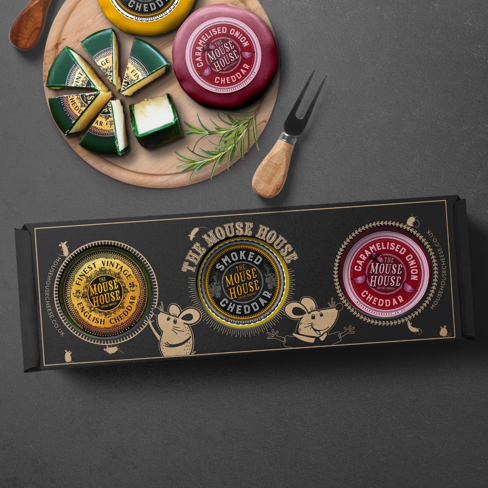 British Cheddar Cheese Gift Set – 3 x 200g Waxed Truckles | Gourmet Cheese Selection Box | Caramelised Onion, Smoked & Vintage Cheddar | Cheese Hamper for Foodies & Gifts