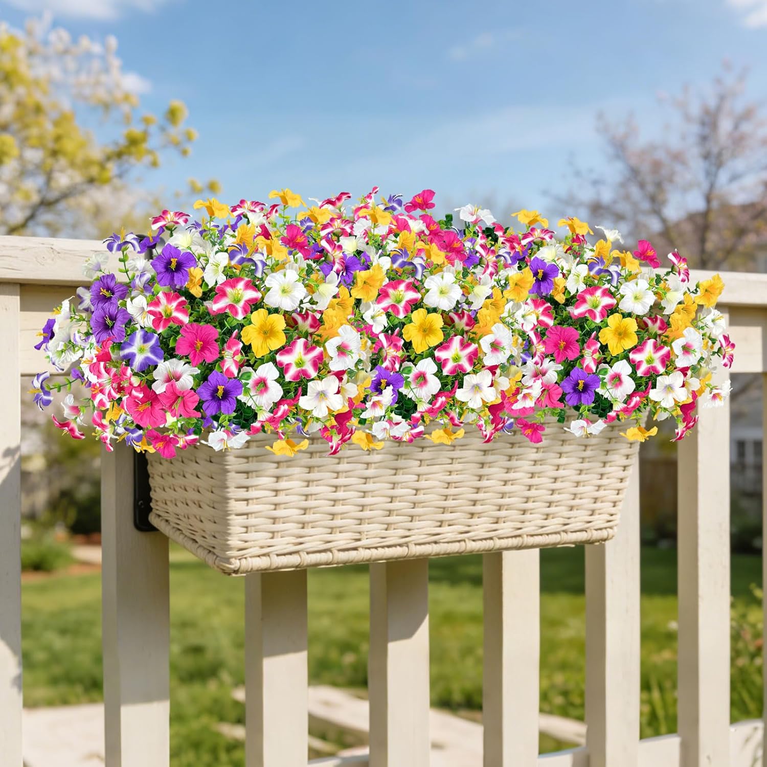 ICX 18PCS Artificial Flowers for Outdoors, Artificial Petunias with Eucalyptus, UV Resistant, Fake Flowers for Outside for Pot, Front Door, Porch, Yard, Patio, Window Box, Hanging Basket (18pc Mix