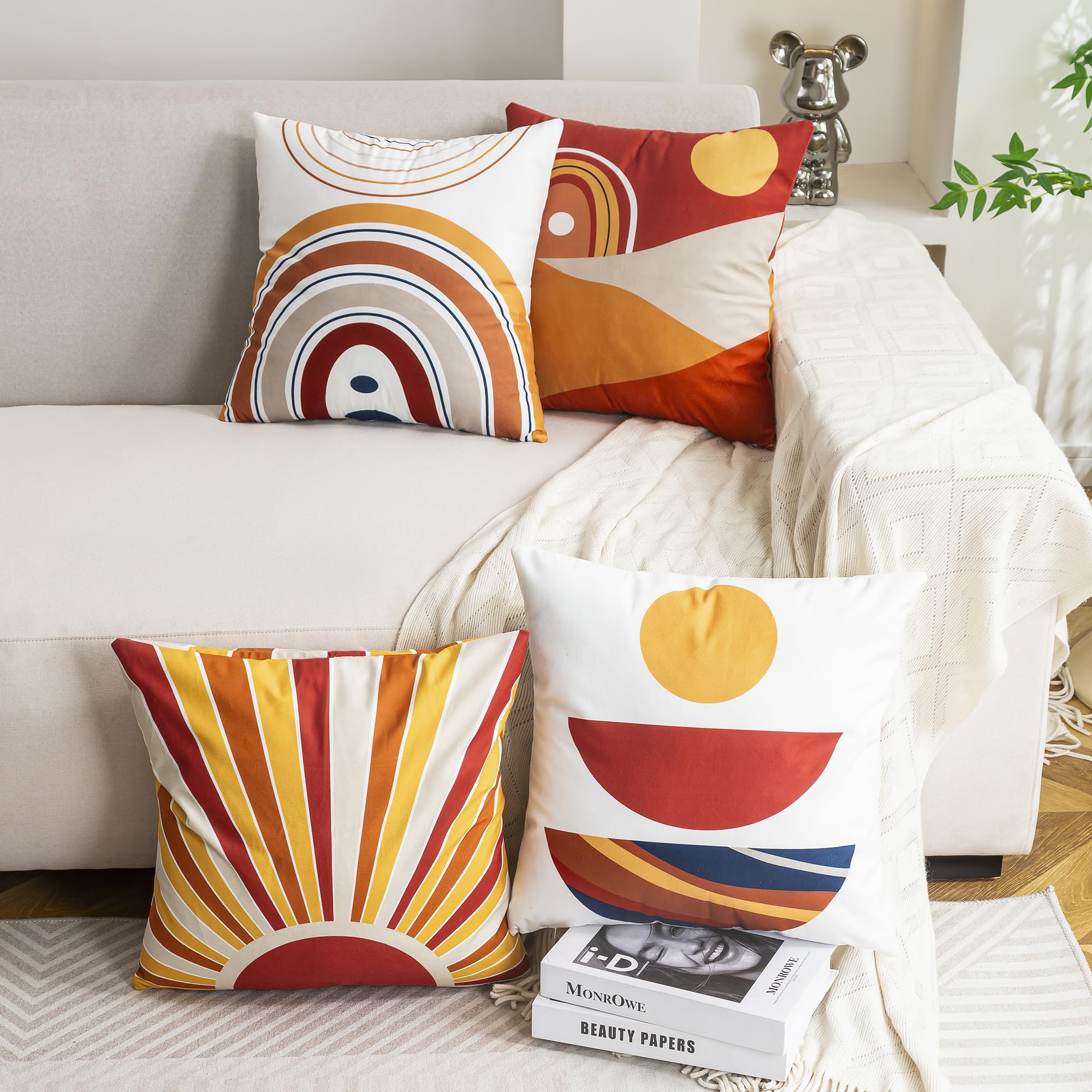 YUMYDG Set of 4 Cushion Covers 45 x 45cm Mid Century Bohemian Sun Moon and Rainbow Minimalist Geometric Abstract Decorative Pillow Cases Home Decor Standard Square Cushion Cover 18x18 Inches - Image 3