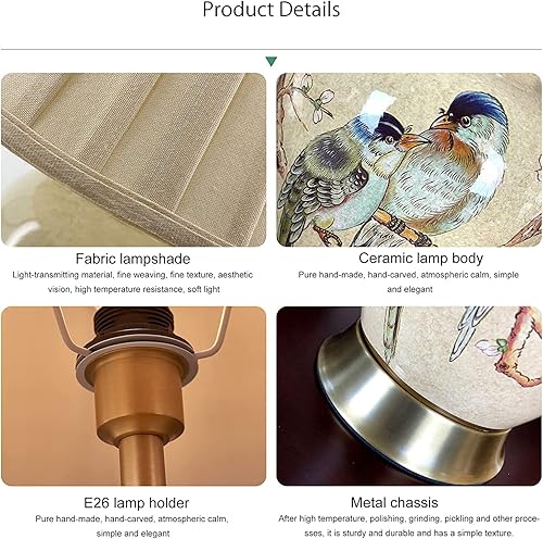 Miniatura 6 de JITEM Lámpara de Mesa Chinoiserie - Lámpara de mesa de cerámica pintada a mano con flores y pájaros con pantalla de tela, lámpara de mesita de noche