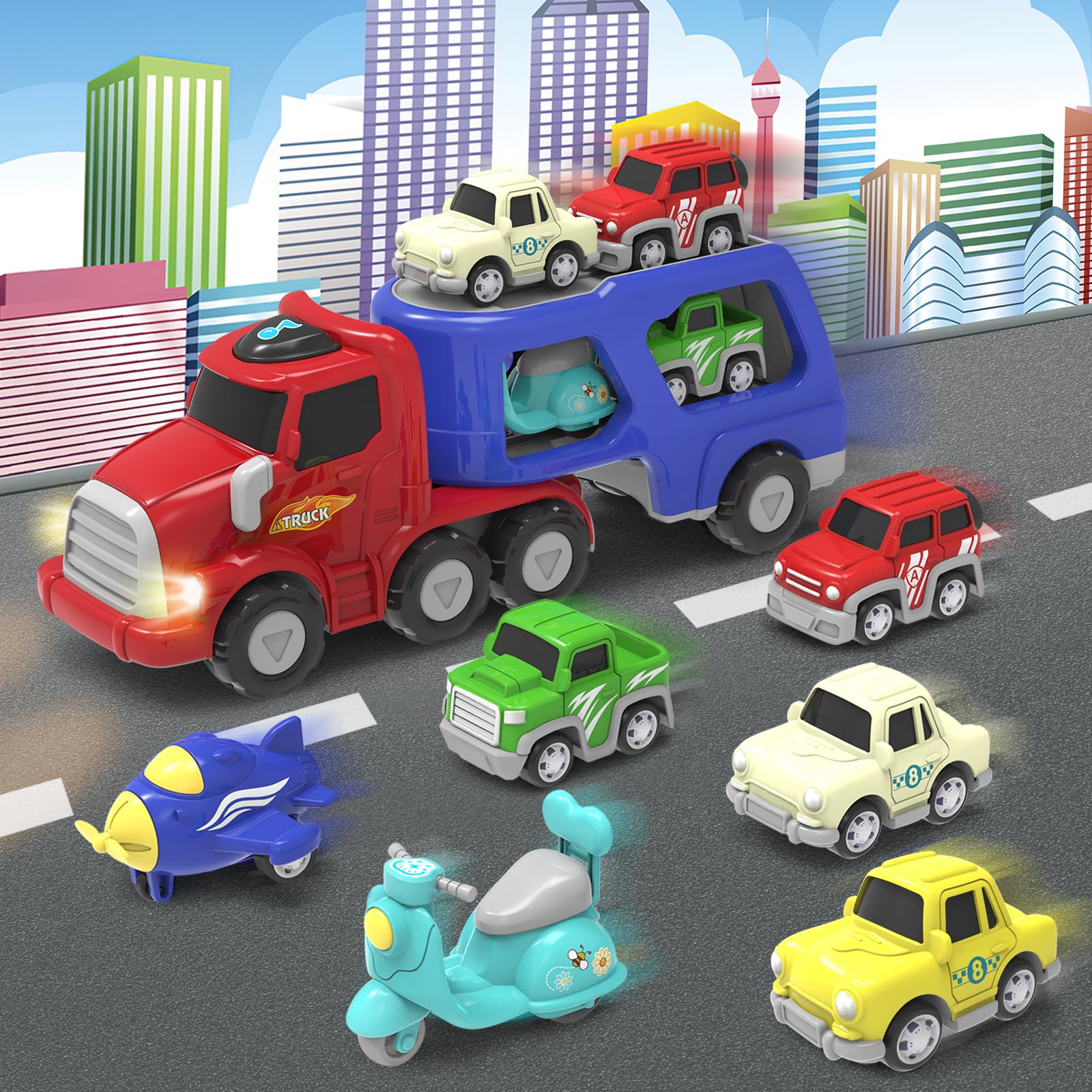 Giochi Bambini 2 Anni,7 in 1 Camion Macchinine con Suoni e Luci,Camion Giocattolo per Bambini,Regalo Bambino 2 3 4 Anni