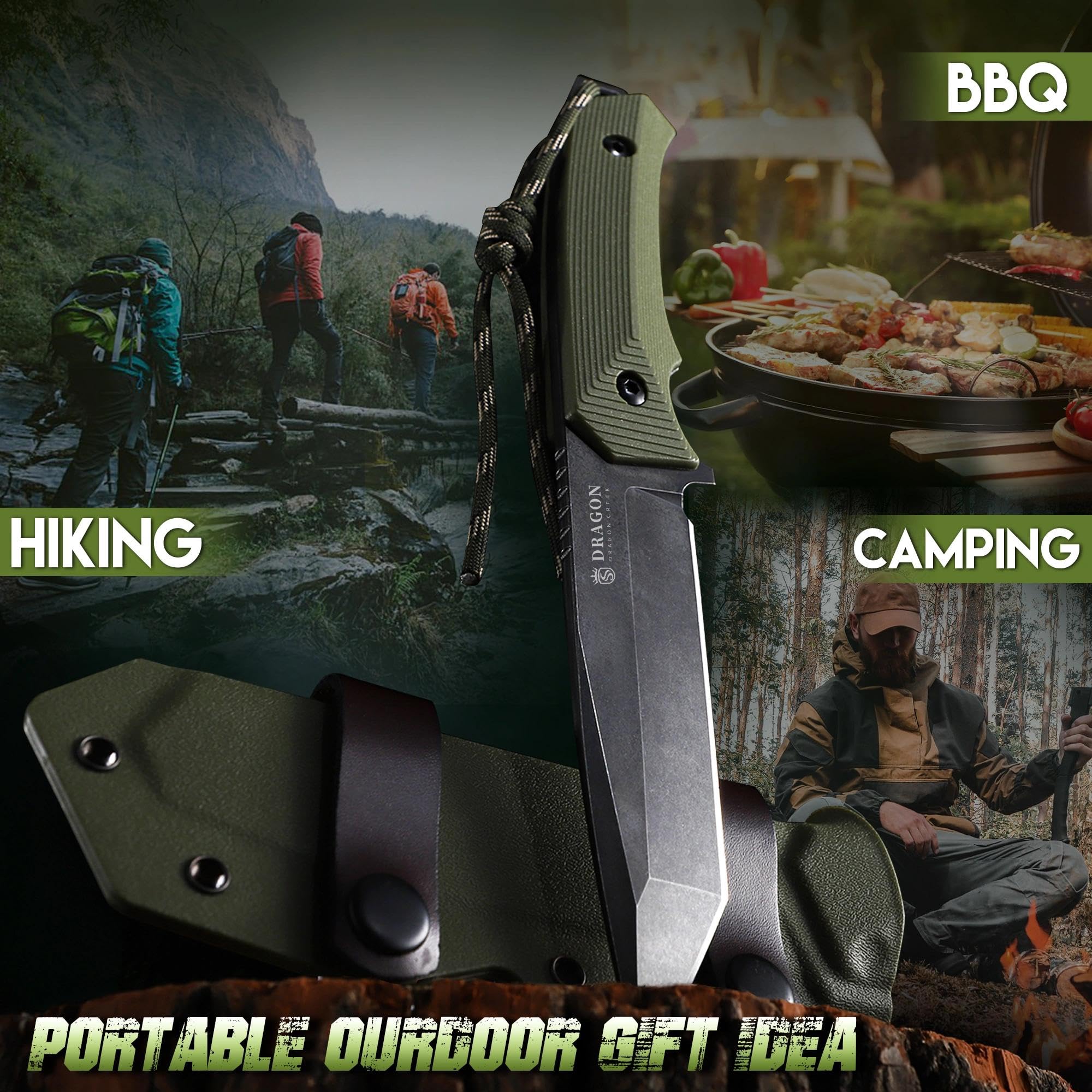Dragon Creek Outdoor Messer feststehend-Tanto-Klinge,Ergonomischer Griff,Kydex-Scheide-Bushcraft Survival Einsatzmesser für Camping & Trekking(Grün)