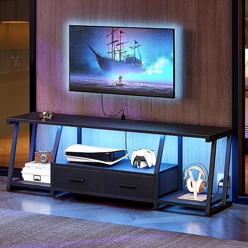 Soporte de TV LED para televisor de 75 pulgadas, centro de entretenimiento con estantes abiertos y tomas de corriente, mesa de consola de TV con