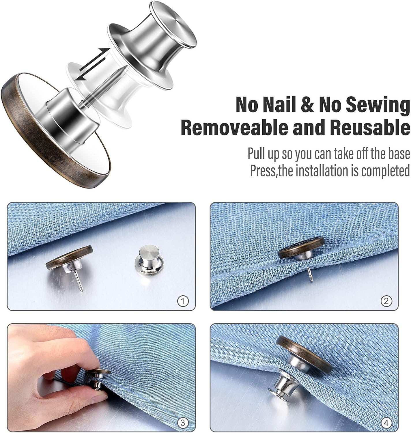 20 Sets Jean Buttons, No Sew Instant Buttons for Jeans Pants Trouser