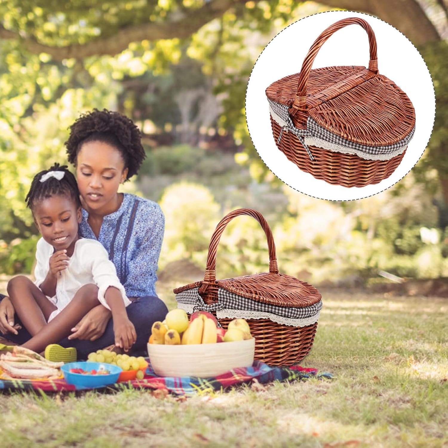 TOYANDONA Wicker Storage Basket Handheld Picnic Basket Handmade Woven with Double Lids for Outdoor Camping and Kitchen Organization Brown Checkered