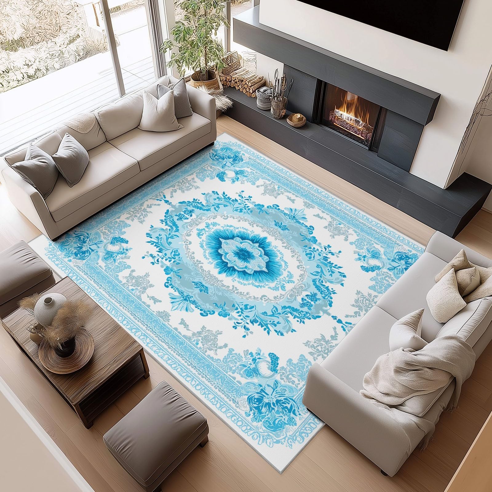 Tapis de salon bleu vintage bohème floral pour réchauffer votre intérieur