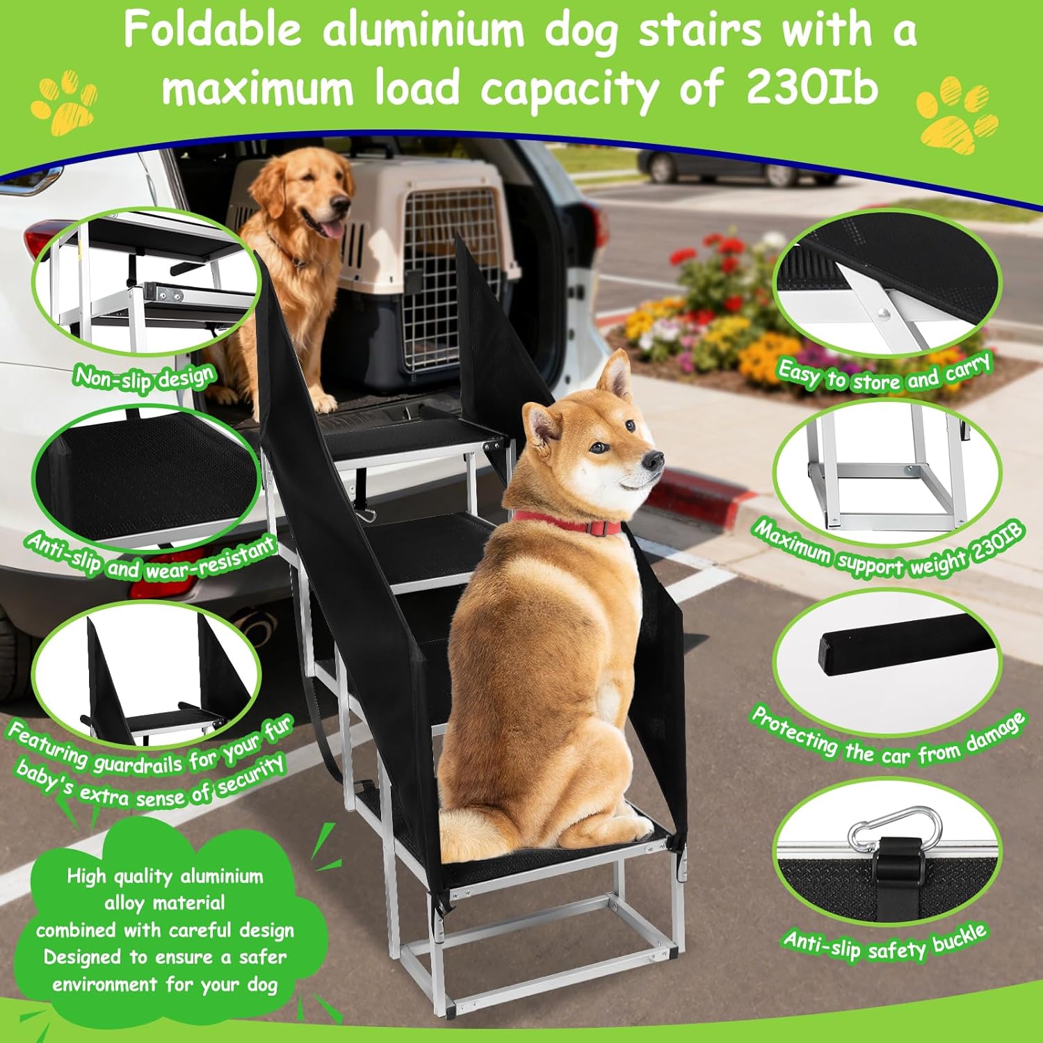 dog stairs with guardrail for large dogs extra wide 20inch step, 34 inch 4 step non slip surface, supports up to 230 lbs designed for oversized suvs, off road vehicles, and pickup trucks 4-steps extra-wide with a guardrail 20" w x 34-36" h felt pad